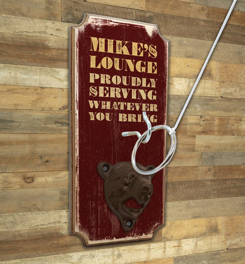 CUSTOMIZABLE Wall Mounted Ring Toss Game with Bottle Opener - Lounge