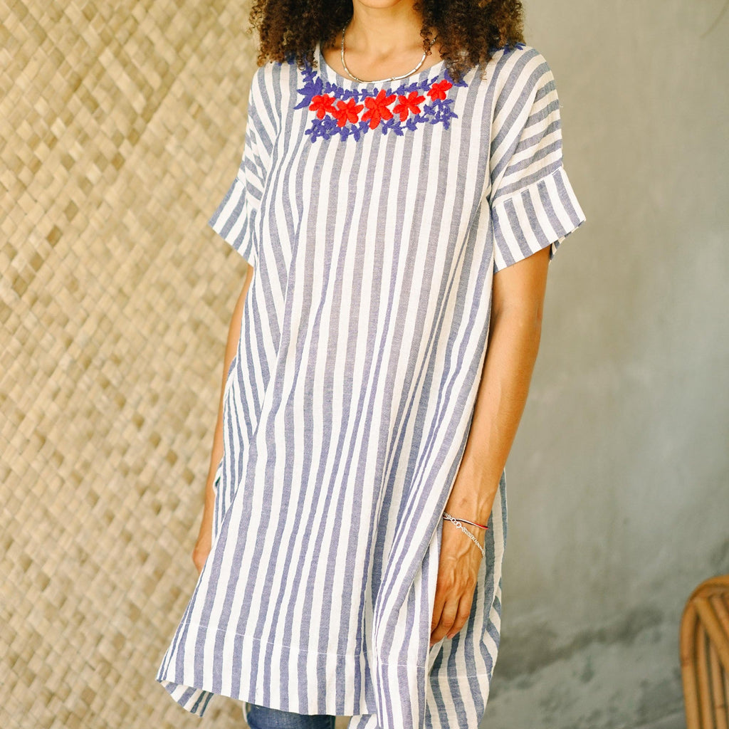 Floral Embroidered Striped Cotton Long Length Tunic - Sky Flora