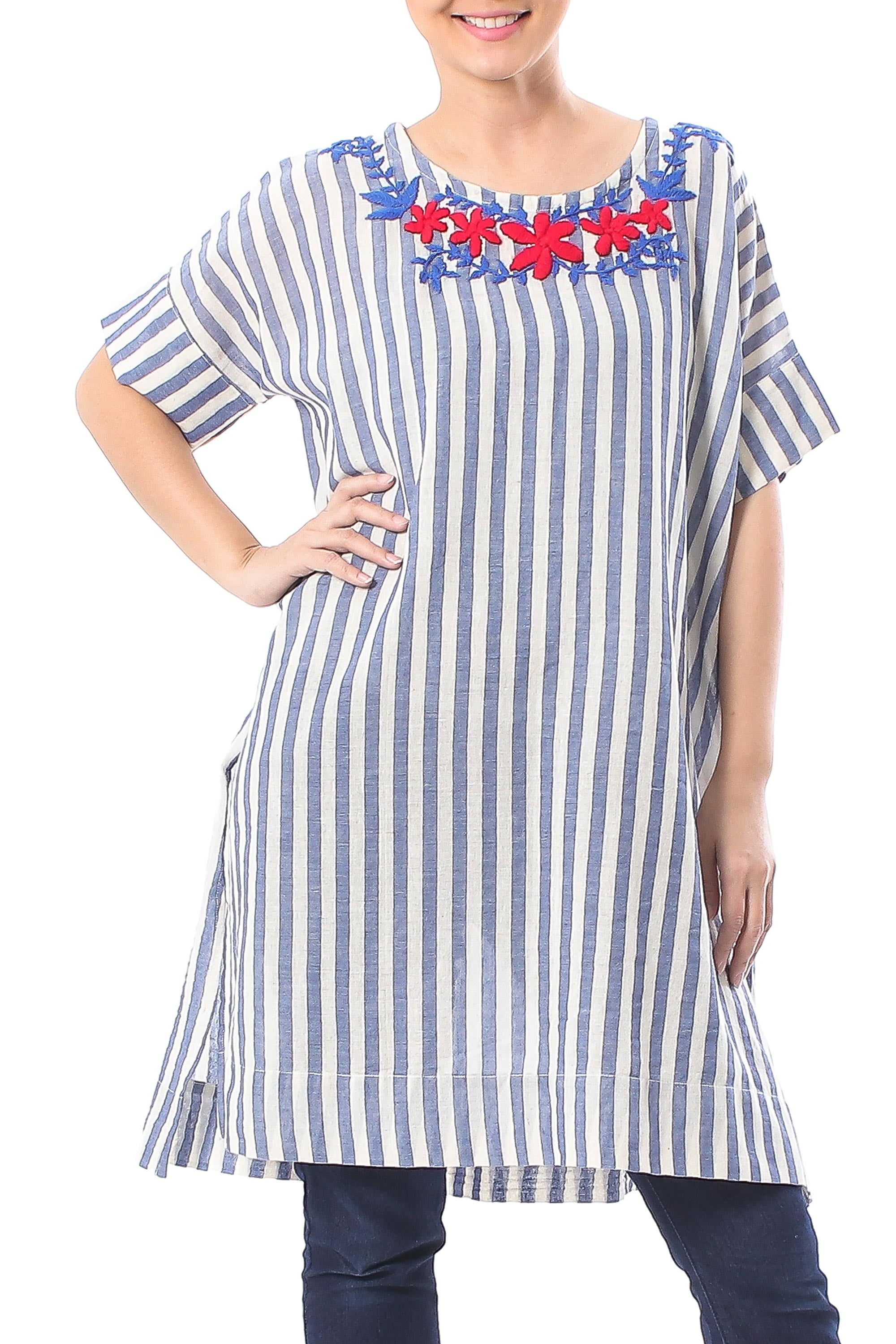 Floral Embroidered Striped Cotton Long Length Tunic - Sky Flora