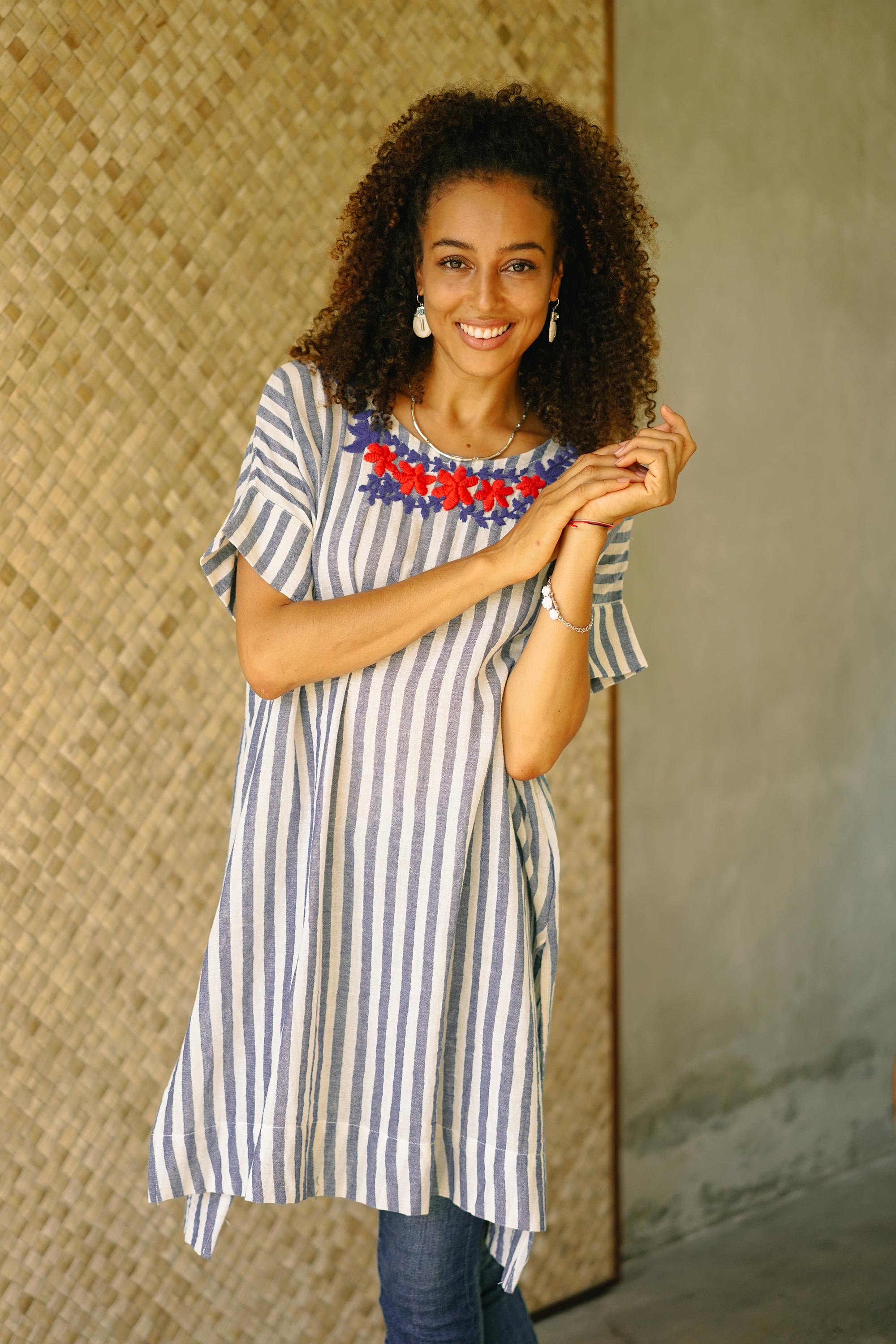Floral Embroidered Striped Cotton Long Length Tunic - Sky Flora