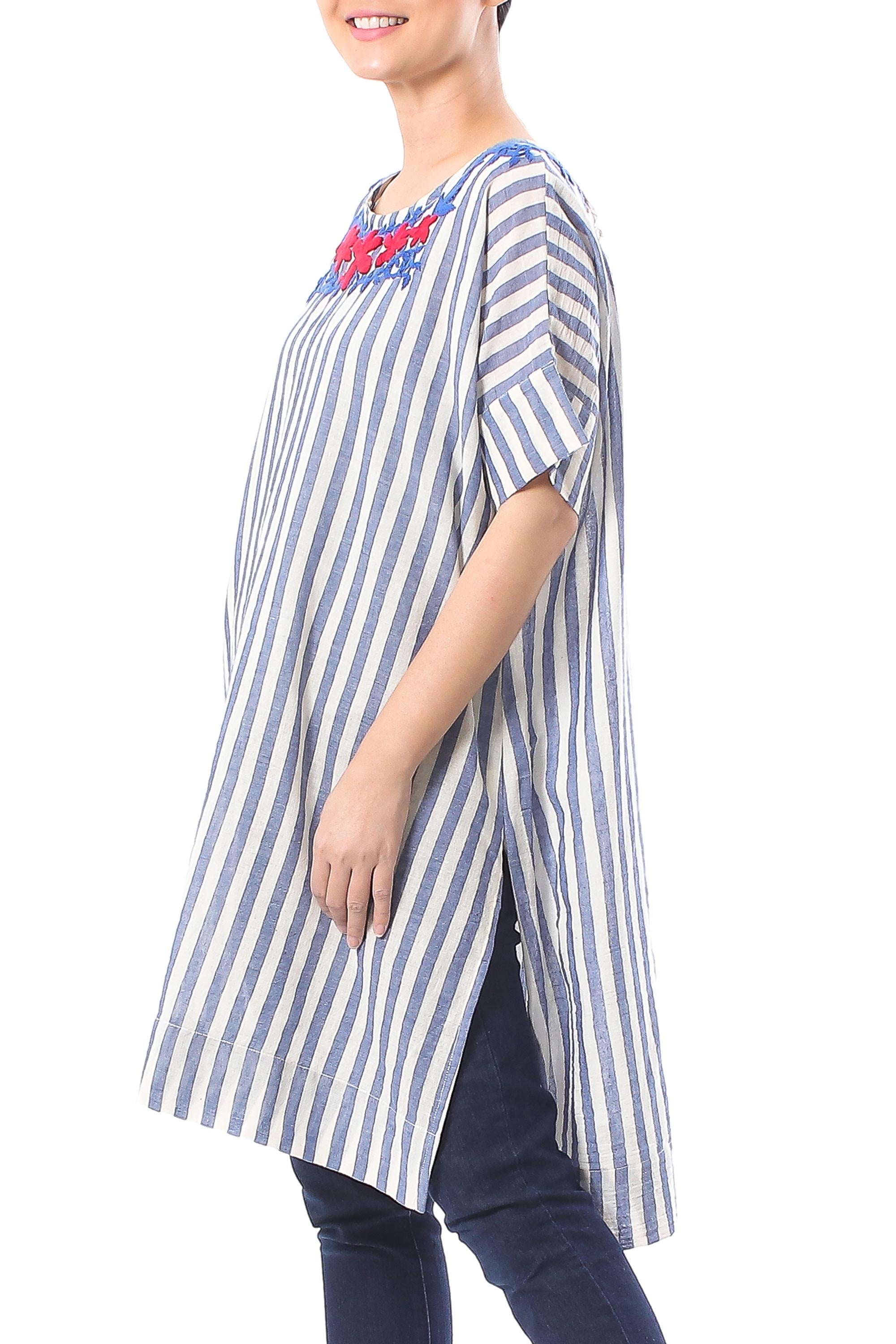 Floral Embroidered Striped Cotton Long Length Tunic - Sky Flora