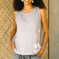 Floral Embroidered Cotton Tank Top in Ash from Thailand - Flirty Bloom in Ash
