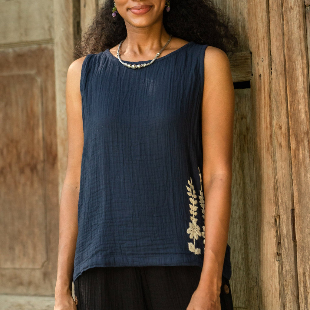 Cool Crinkle Cotton Tank Top in Navy - Flirty Bloom in Navy