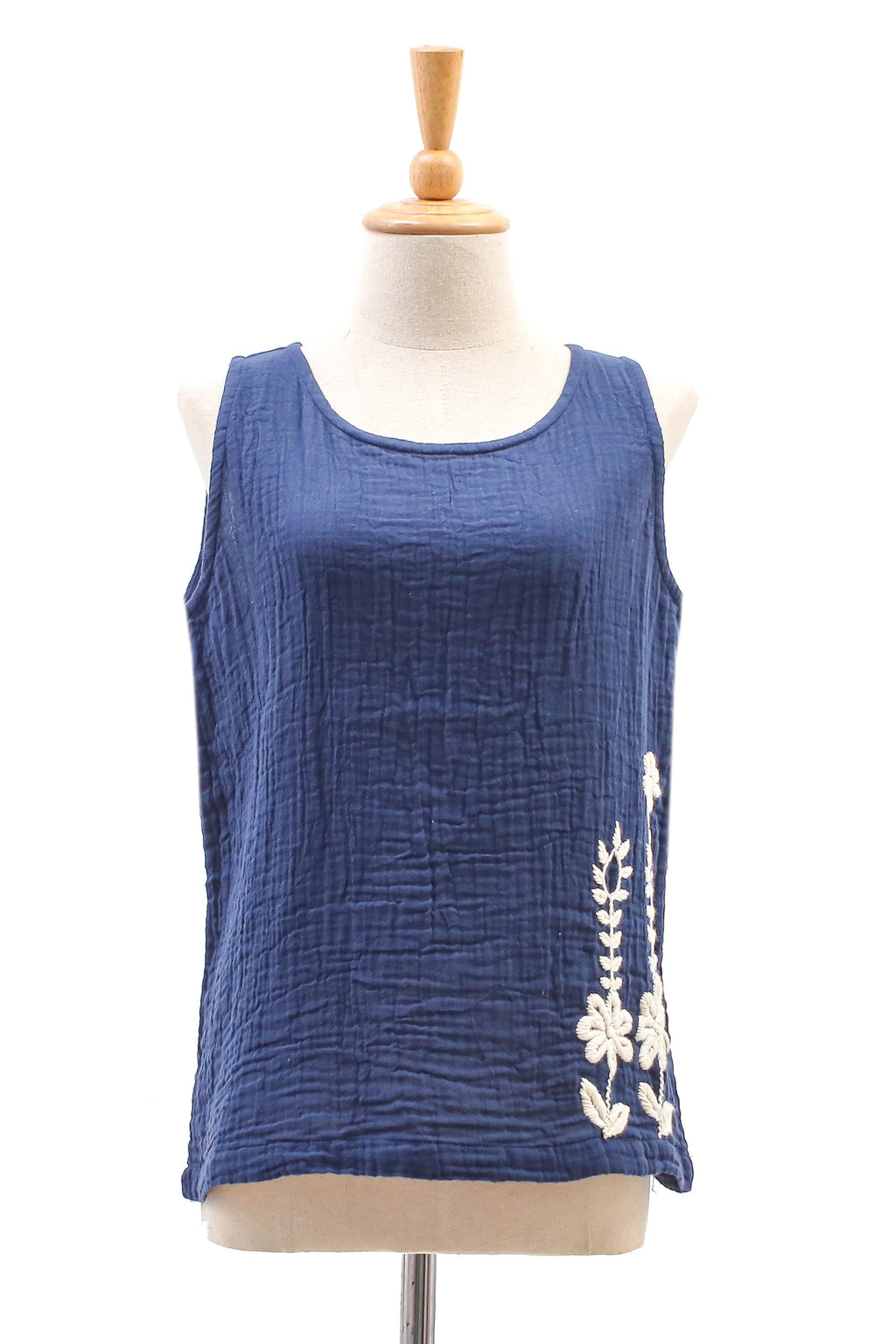Cool Crinkle Cotton Tank Top in Navy - Flirty Bloom in Navy