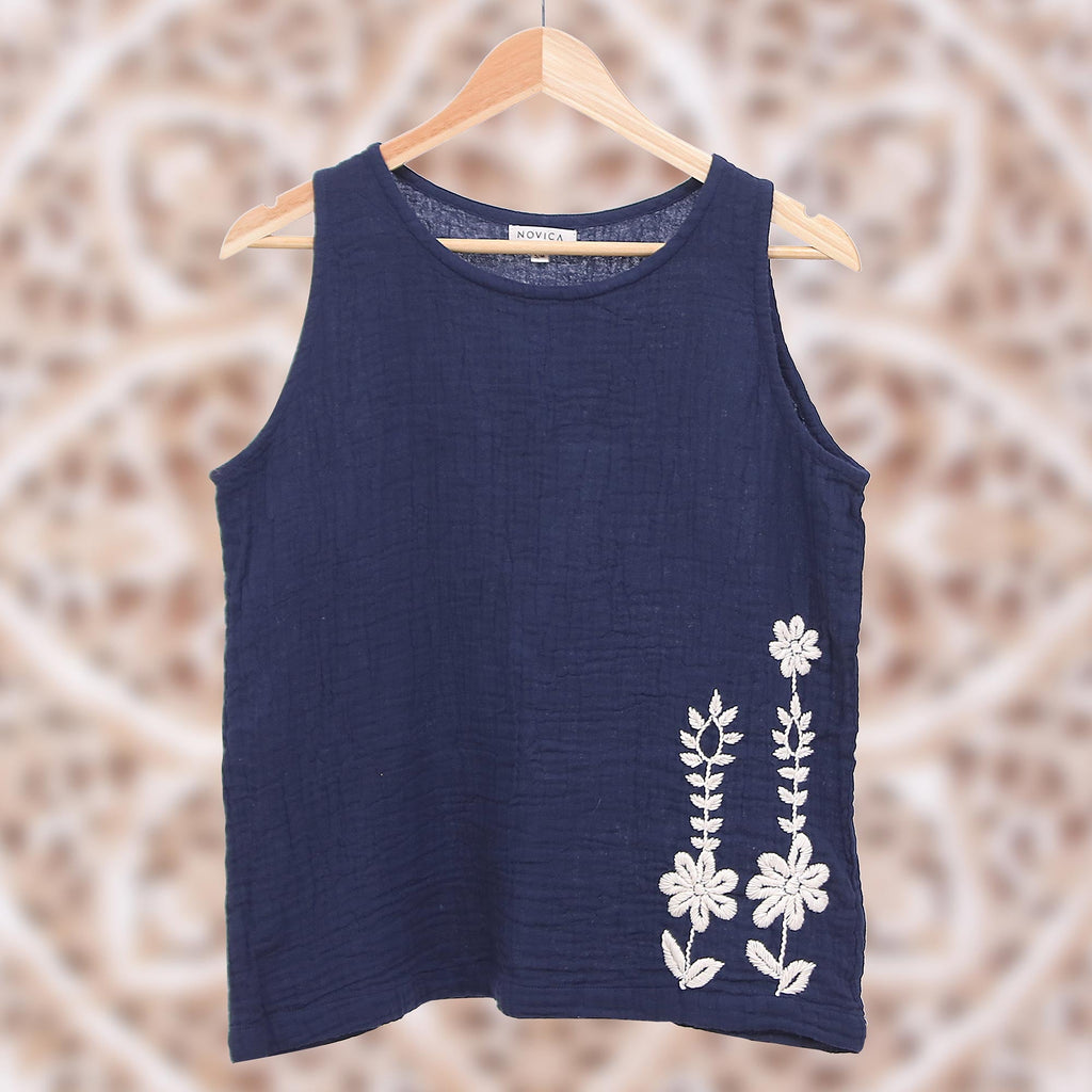 Cool Crinkle Cotton Tank Top in Navy - Flirty Bloom in Navy