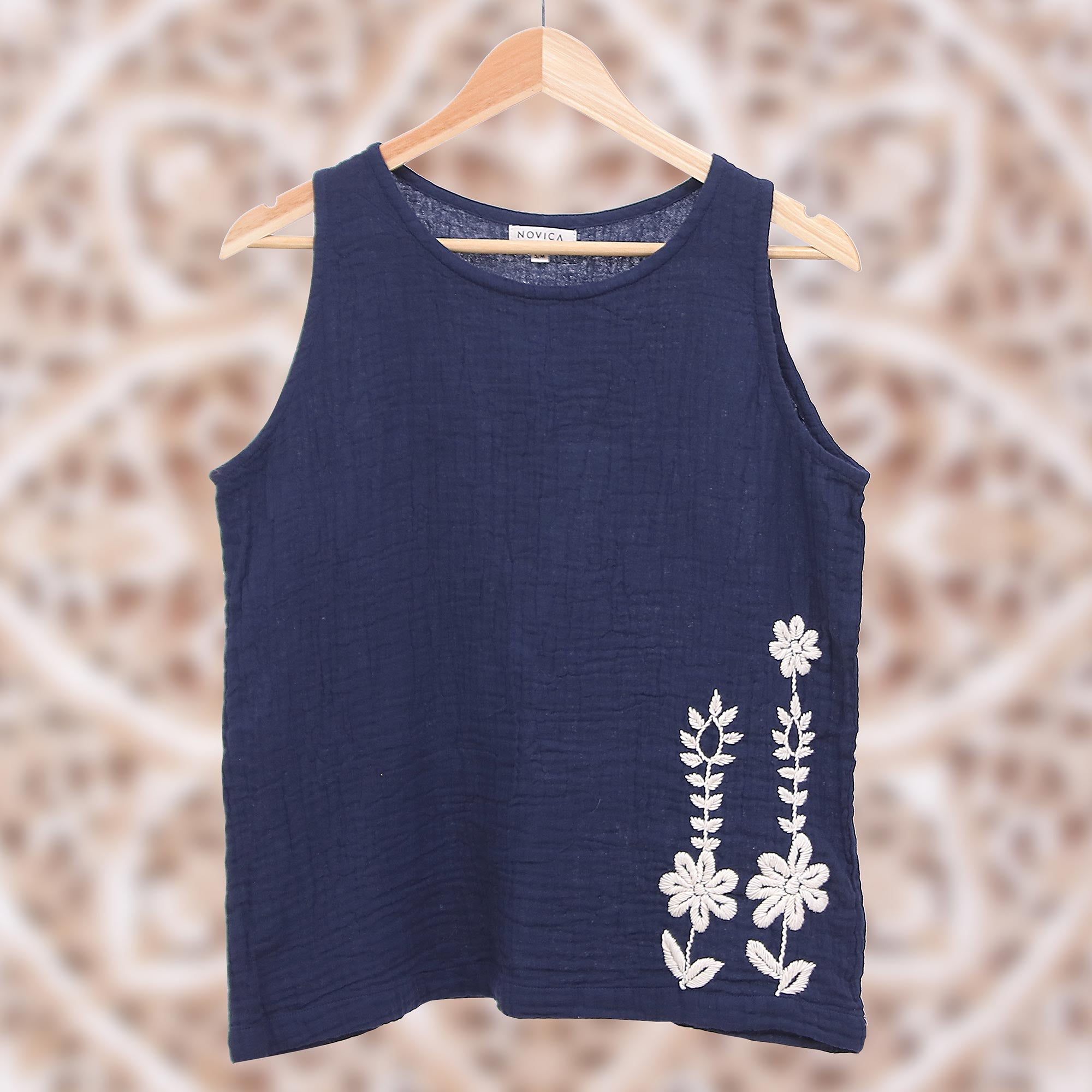 Cool Crinkle Cotton Tank Top in Navy - Flirty Bloom in Navy