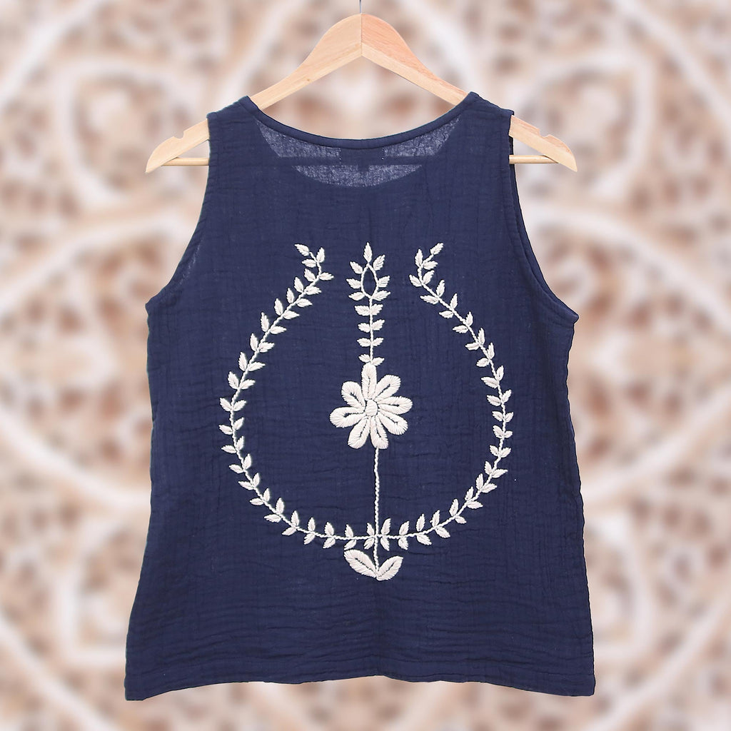 Cool Crinkle Cotton Tank Top in Navy - Flirty Bloom in Navy