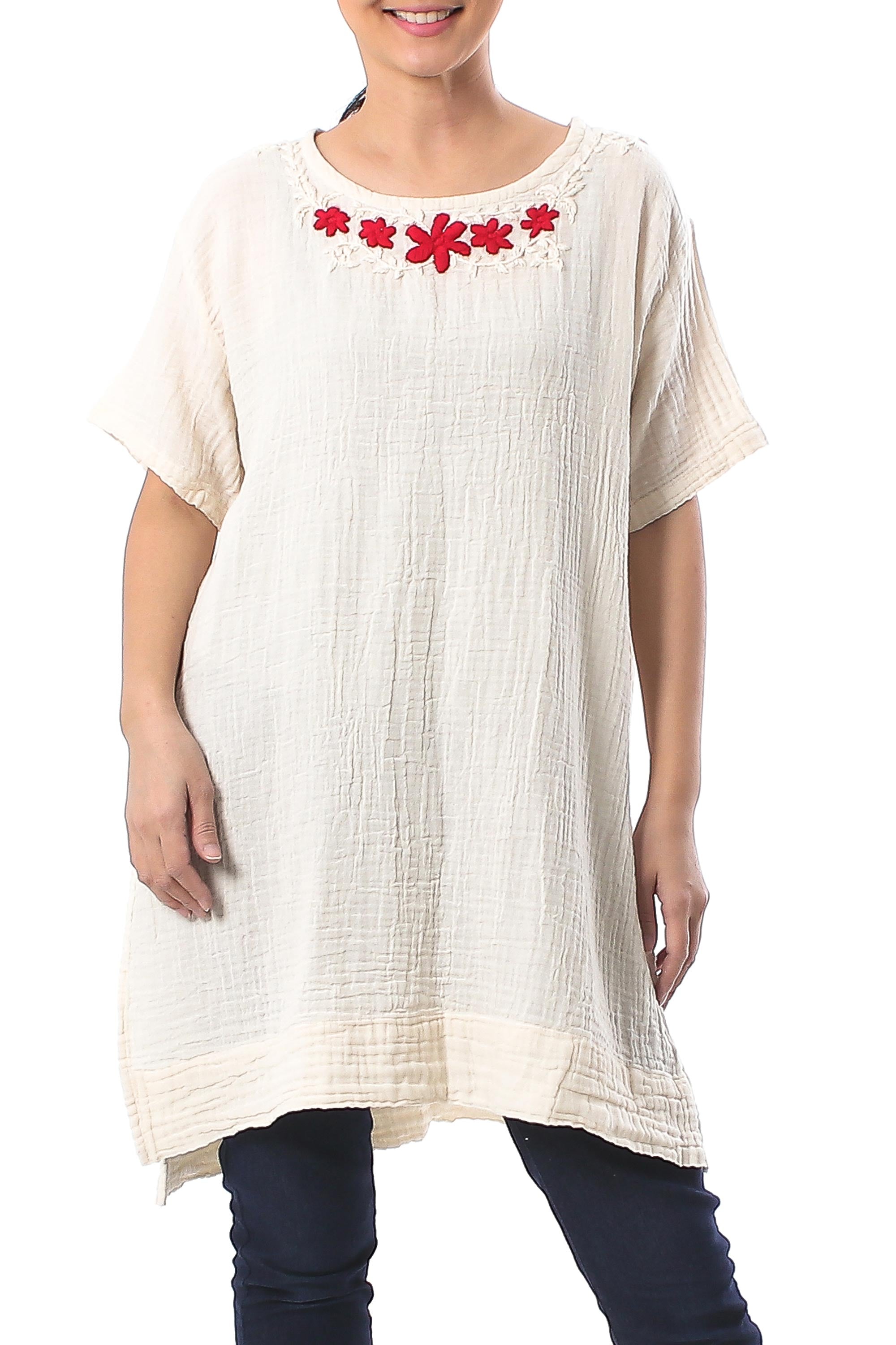 Floral Cotton Tunic in Alabaster from Thailand - Posy Bliss in Alabaster