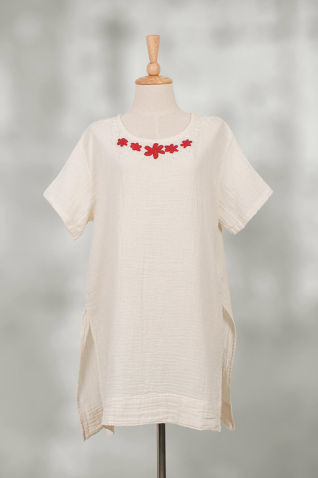 Floral Cotton Tunic in Alabaster from Thailand - Posy Bliss in Alabaster