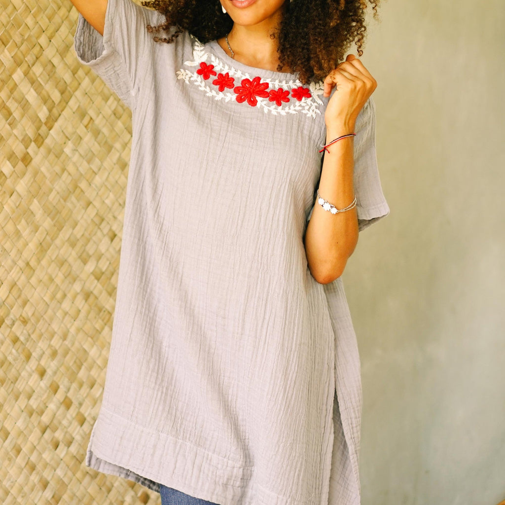 Floral Cotton Tunic in Ash from Thailand - Posy Bliss in Ash