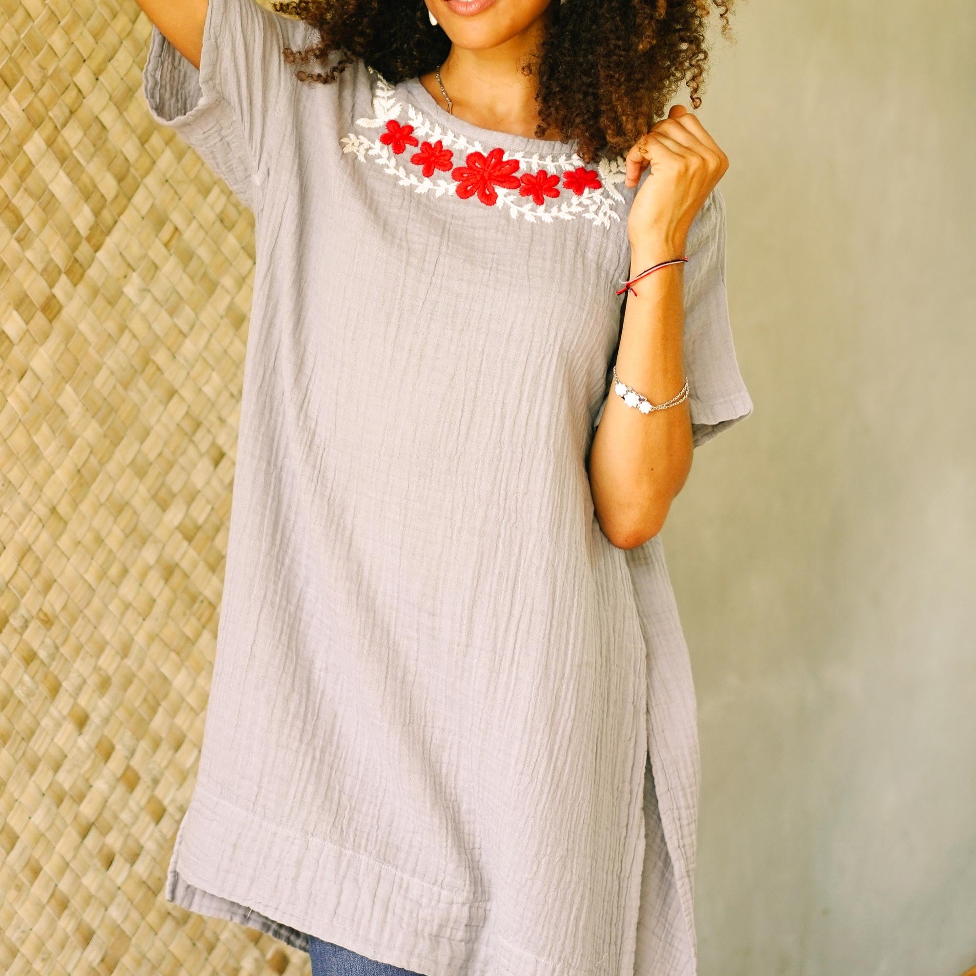 Floral Cotton Tunic in Ash from Thailand - Posy Bliss in Ash