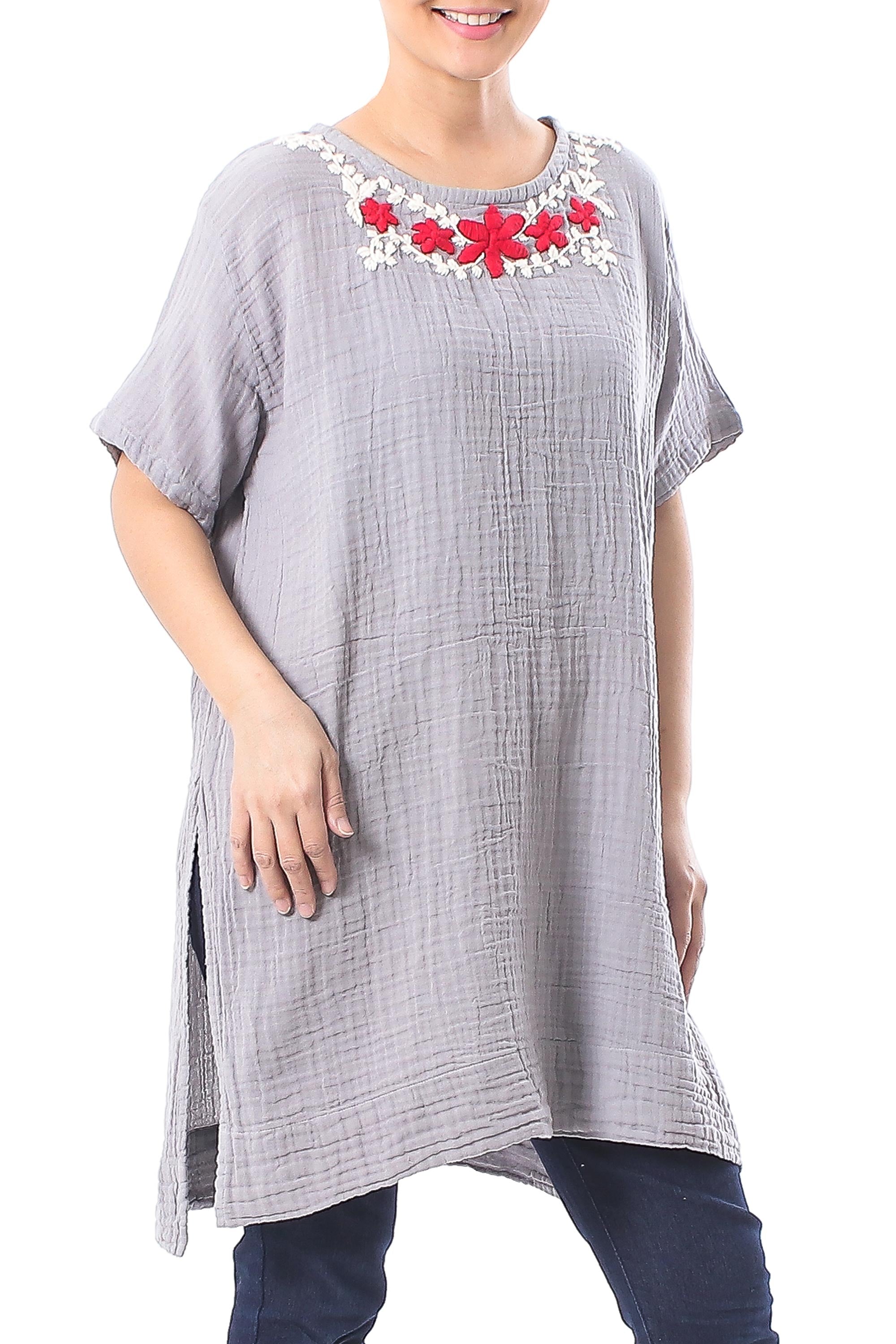 Floral Cotton Tunic in Ash from Thailand - Posy Bliss in Ash