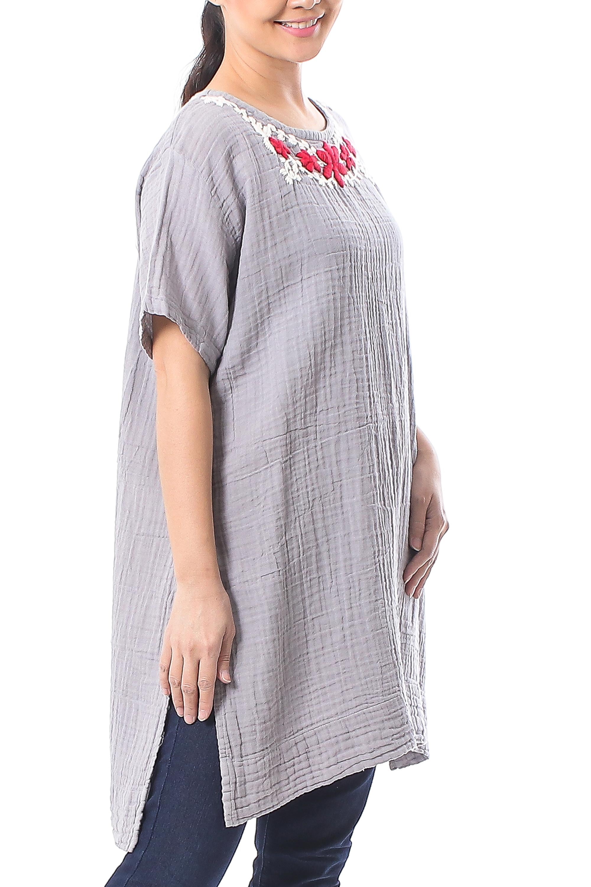 Floral Cotton Tunic in Ash from Thailand - Posy Bliss in Ash