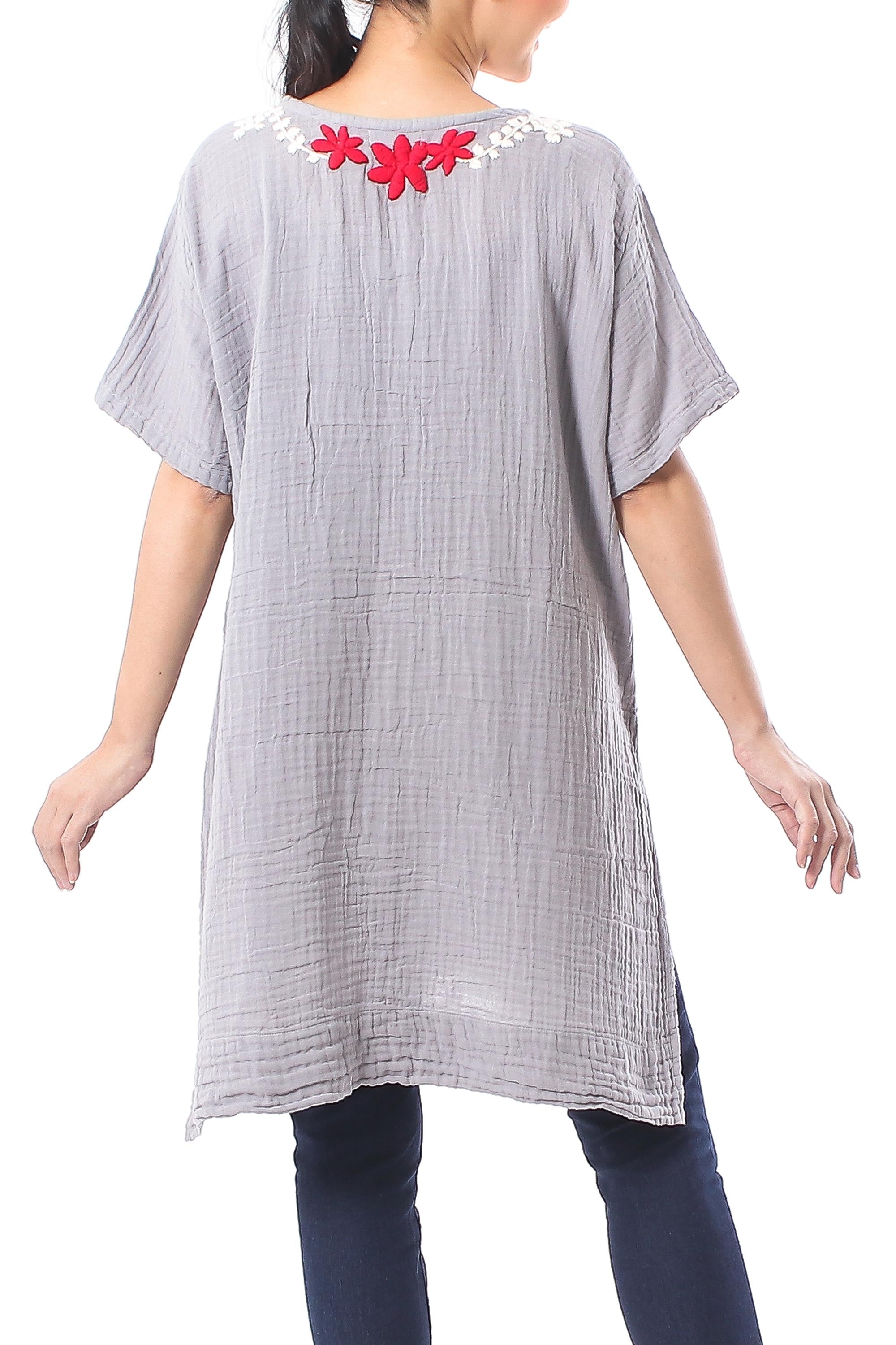 Floral Cotton Tunic in Ash from Thailand - Posy Bliss in Ash