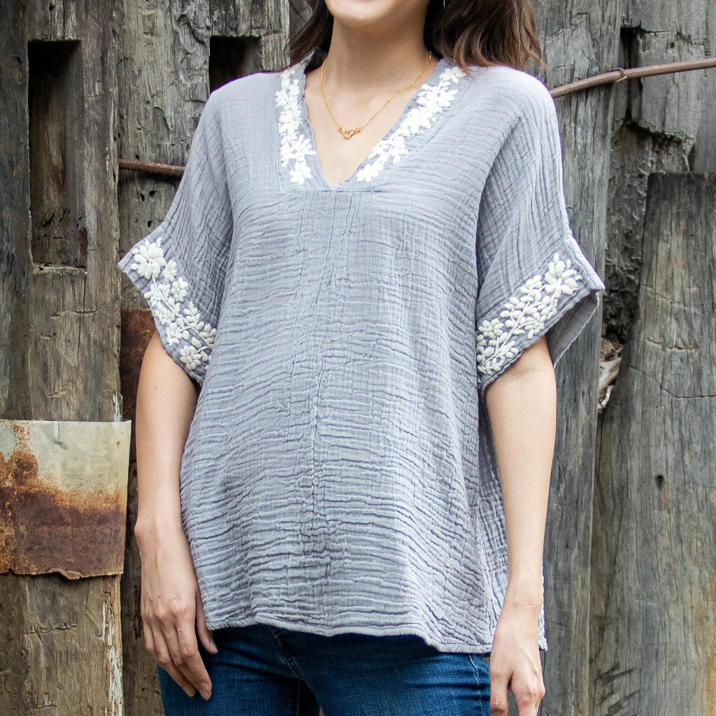 Floral Embroidered Cotton Blouse in Ash from Thailand - Classic Bloom in Ash