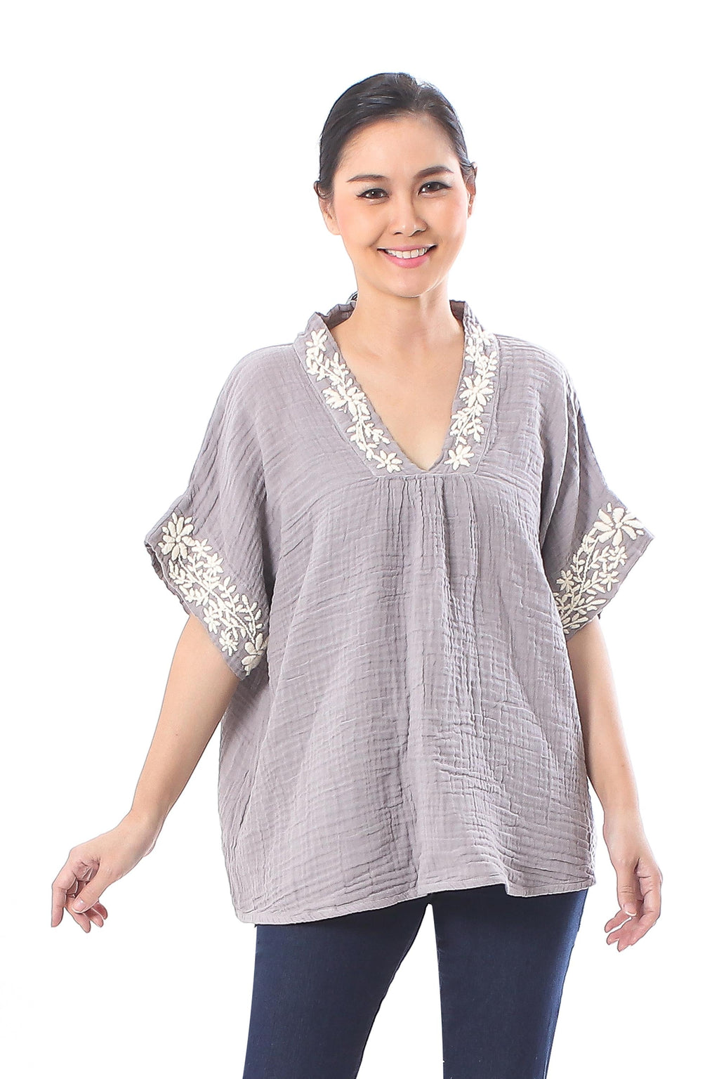 Floral Embroidered Cotton Blouse in Ash from Thailand - Classic Bloom in Ash