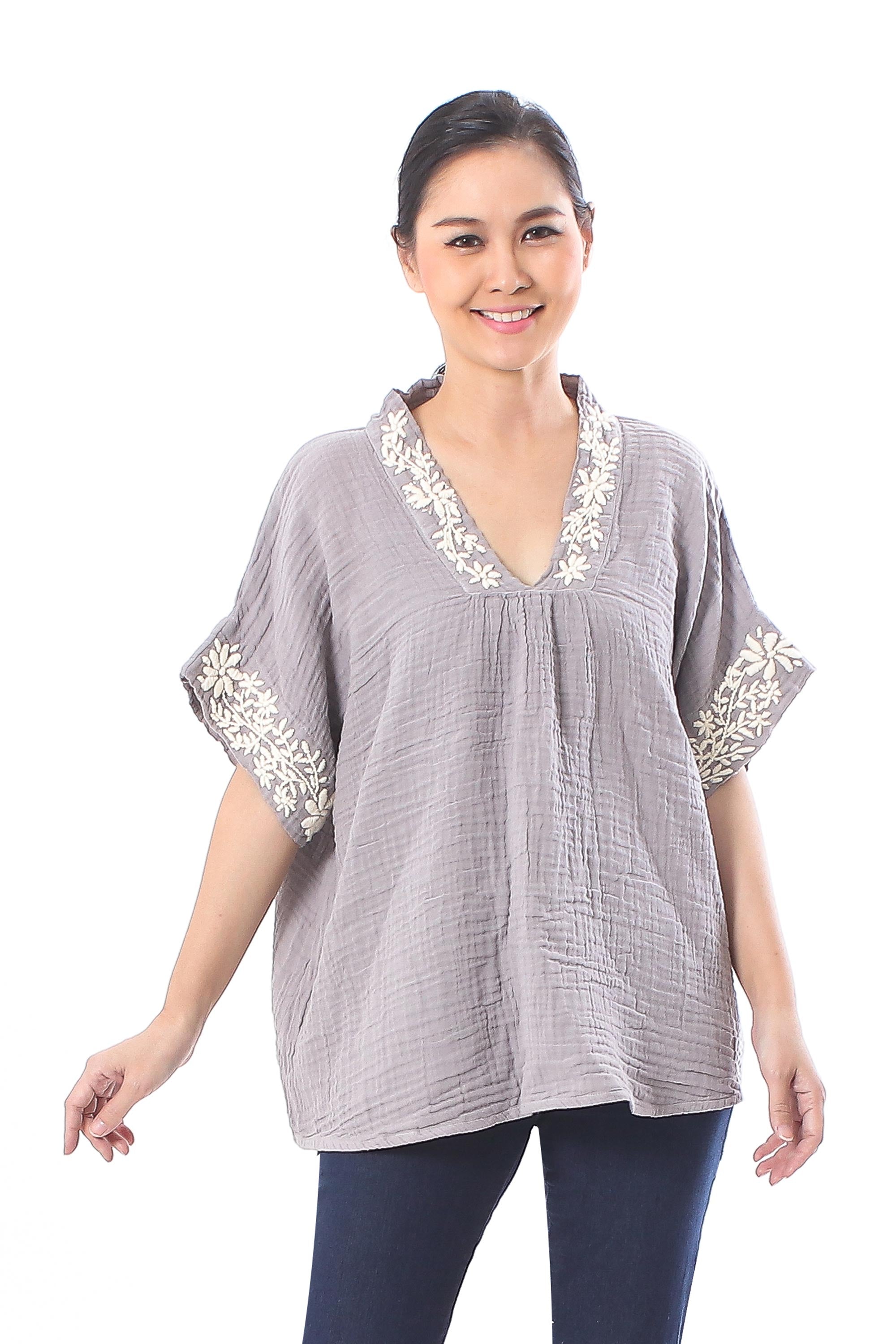 Floral Embroidered Cotton Blouse in Ash from Thailand - Classic Bloom in Ash