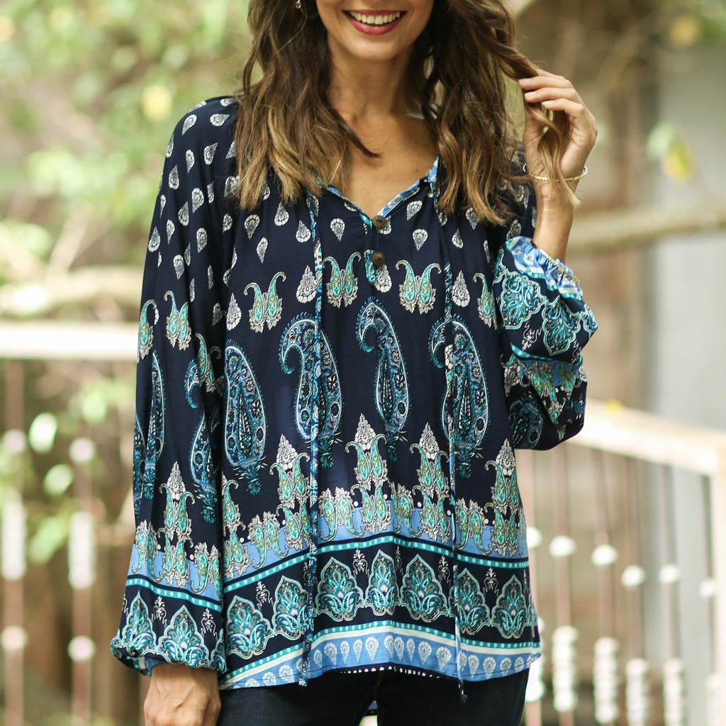 Indigo Paisley Motif Rayon Blouse Crafted in Thailand - Tender Paisleys