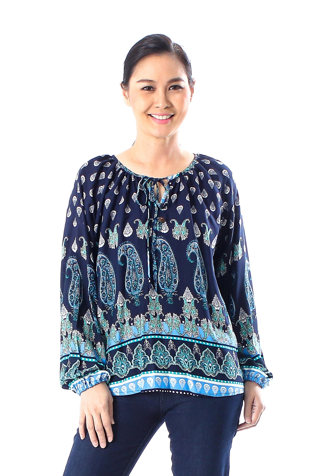 Indigo Paisley Motif Rayon Blouse Crafted in Thailand - Tender Paisleys
