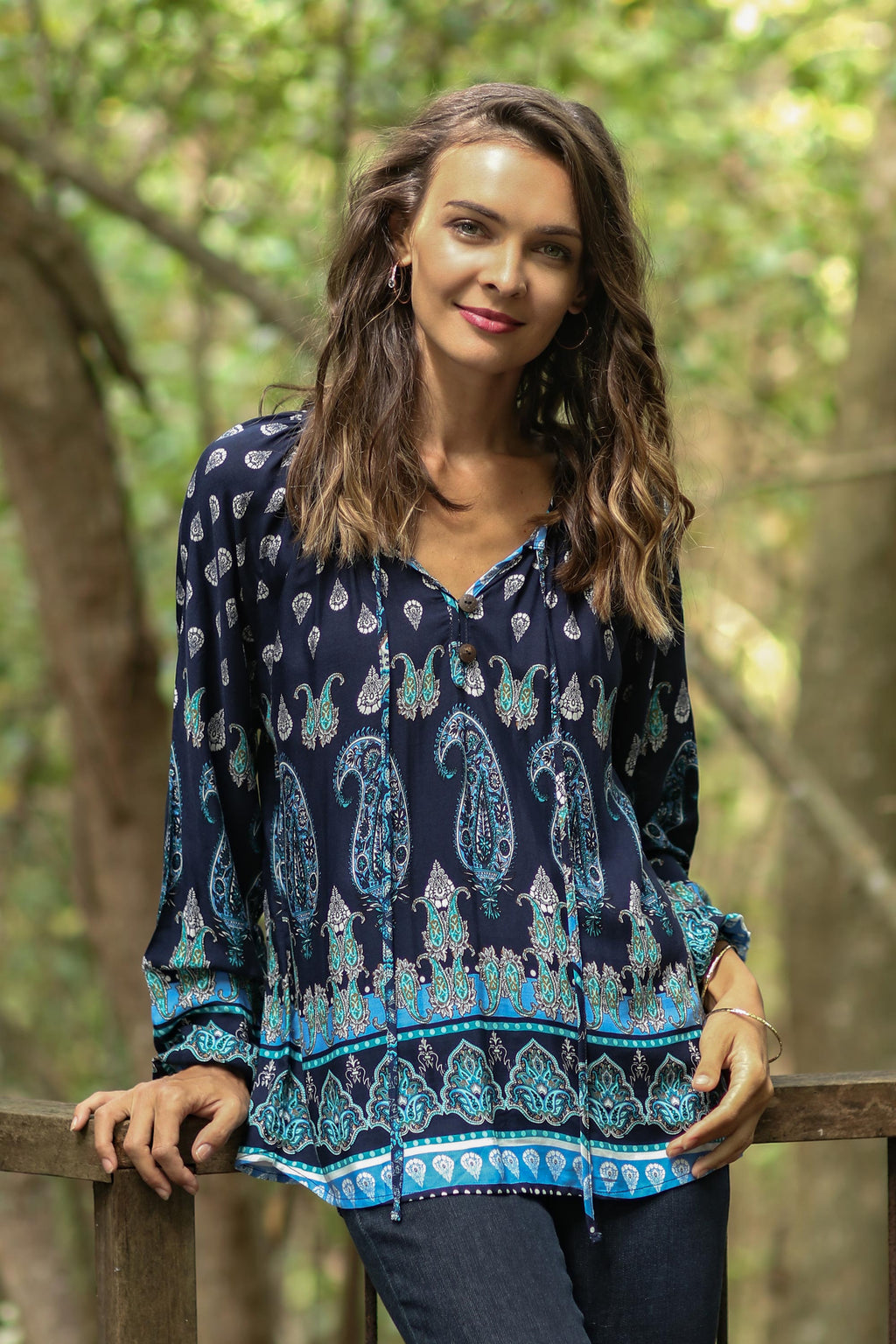 Indigo Paisley Motif Rayon Blouse Crafted in Thailand - Tender Paisleys