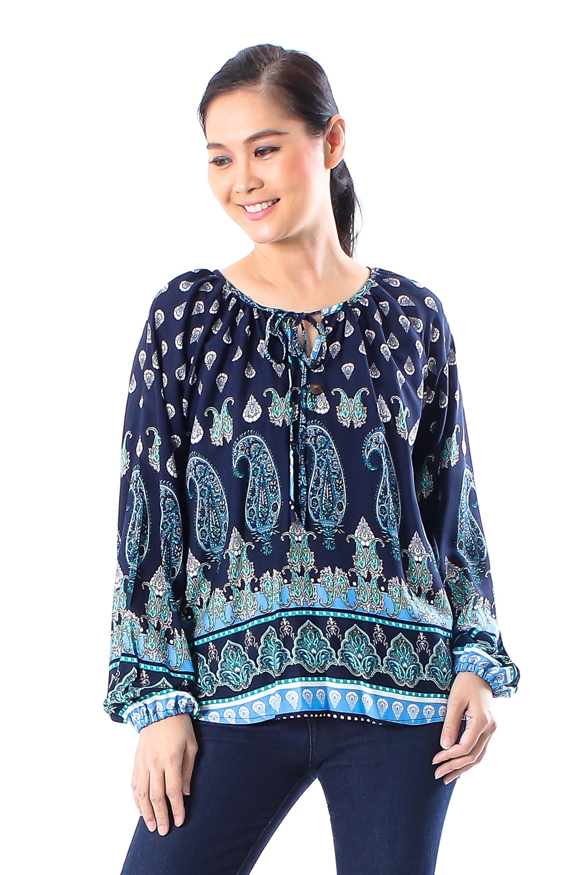 Indigo Paisley Motif Rayon Blouse Crafted in Thailand - Tender Paisleys