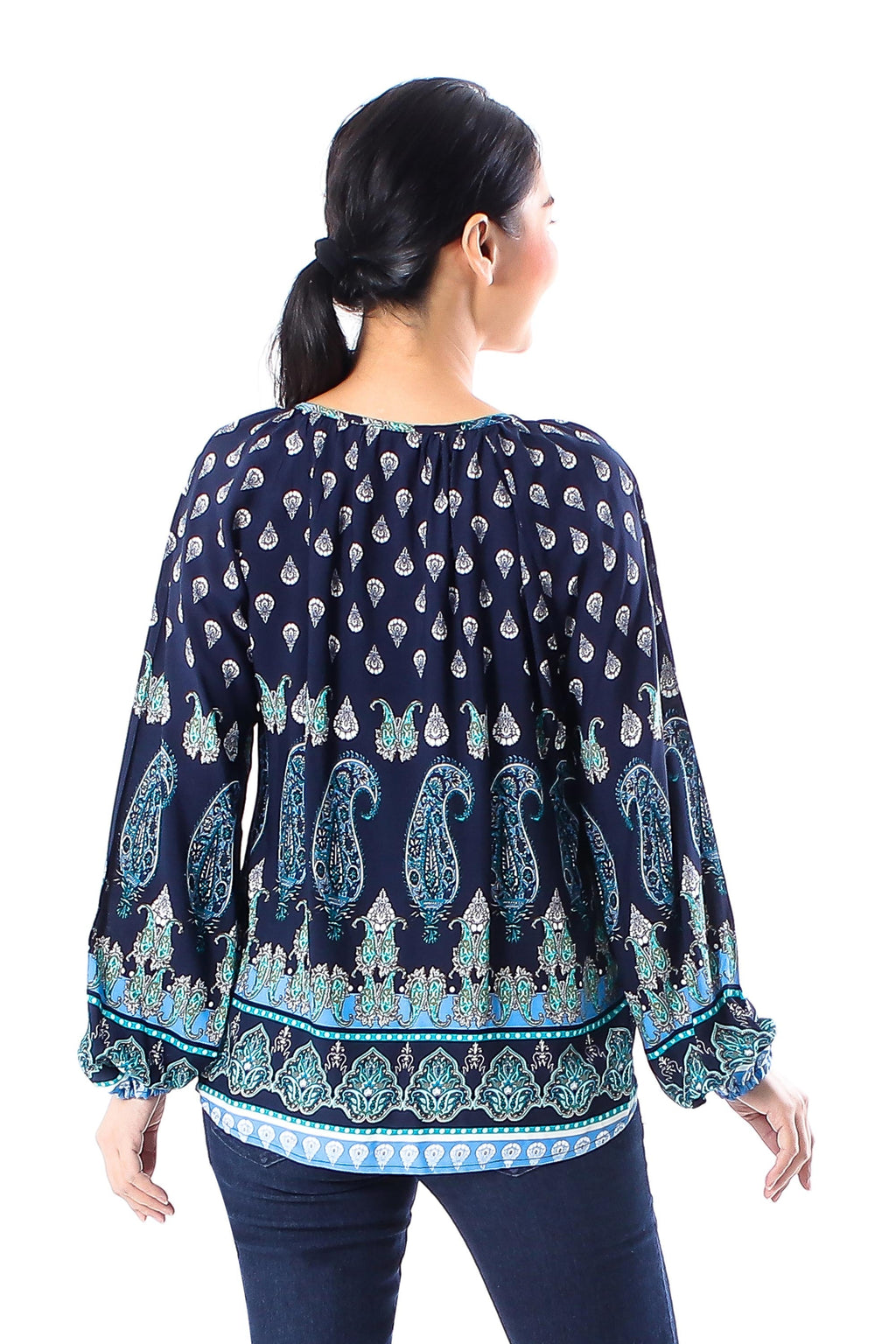 Indigo Paisley Motif Rayon Blouse Crafted in Thailand - Tender Paisleys