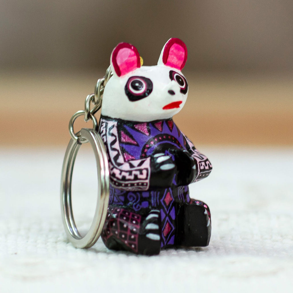 Cute Wood Alebrije Panda Key Fob - Wide-Eyed Panda