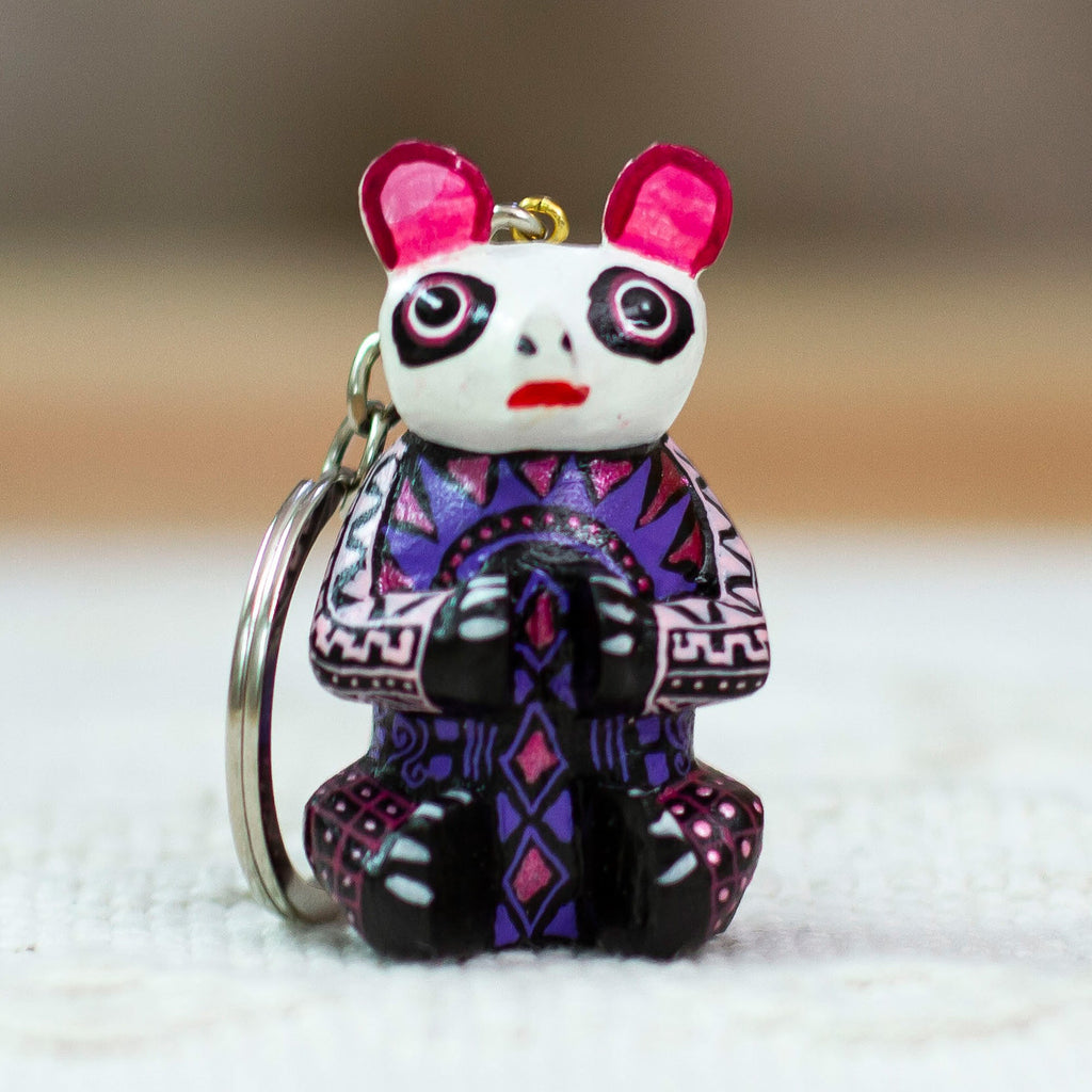 Cute Wood Alebrije Panda Key Fob - Wide-Eyed Panda