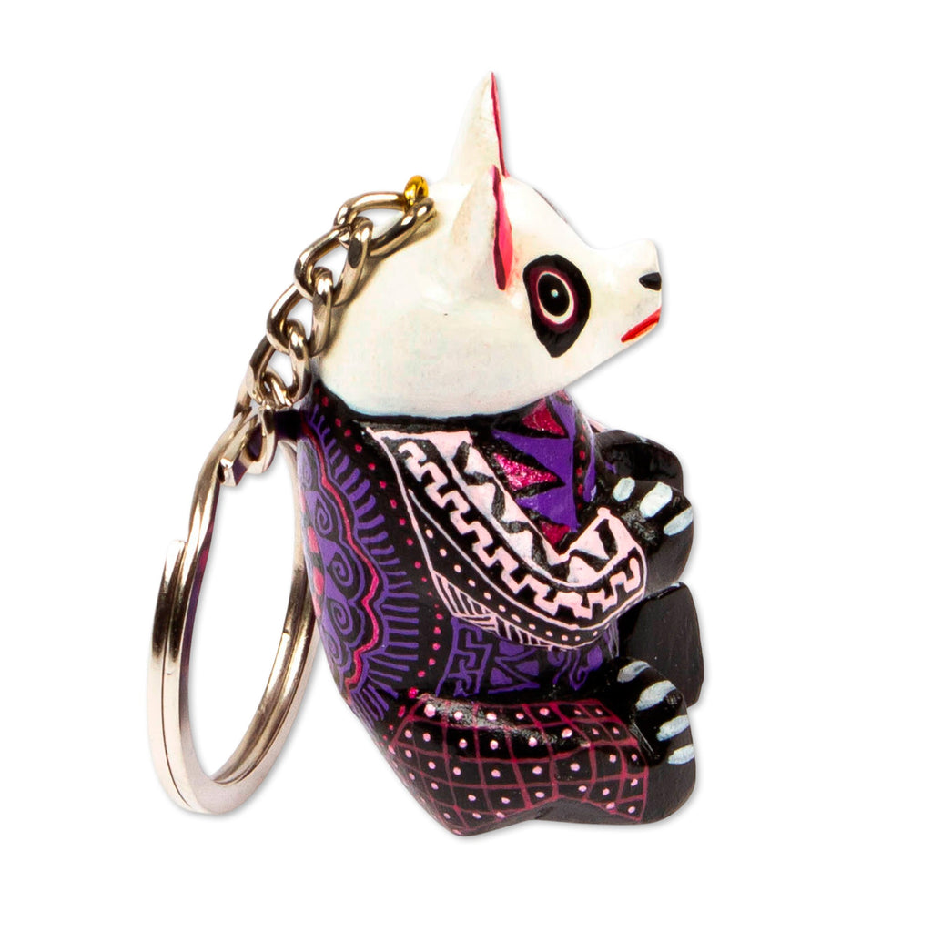 Cute Wood Alebrije Panda Key Fob - Wide-Eyed Panda