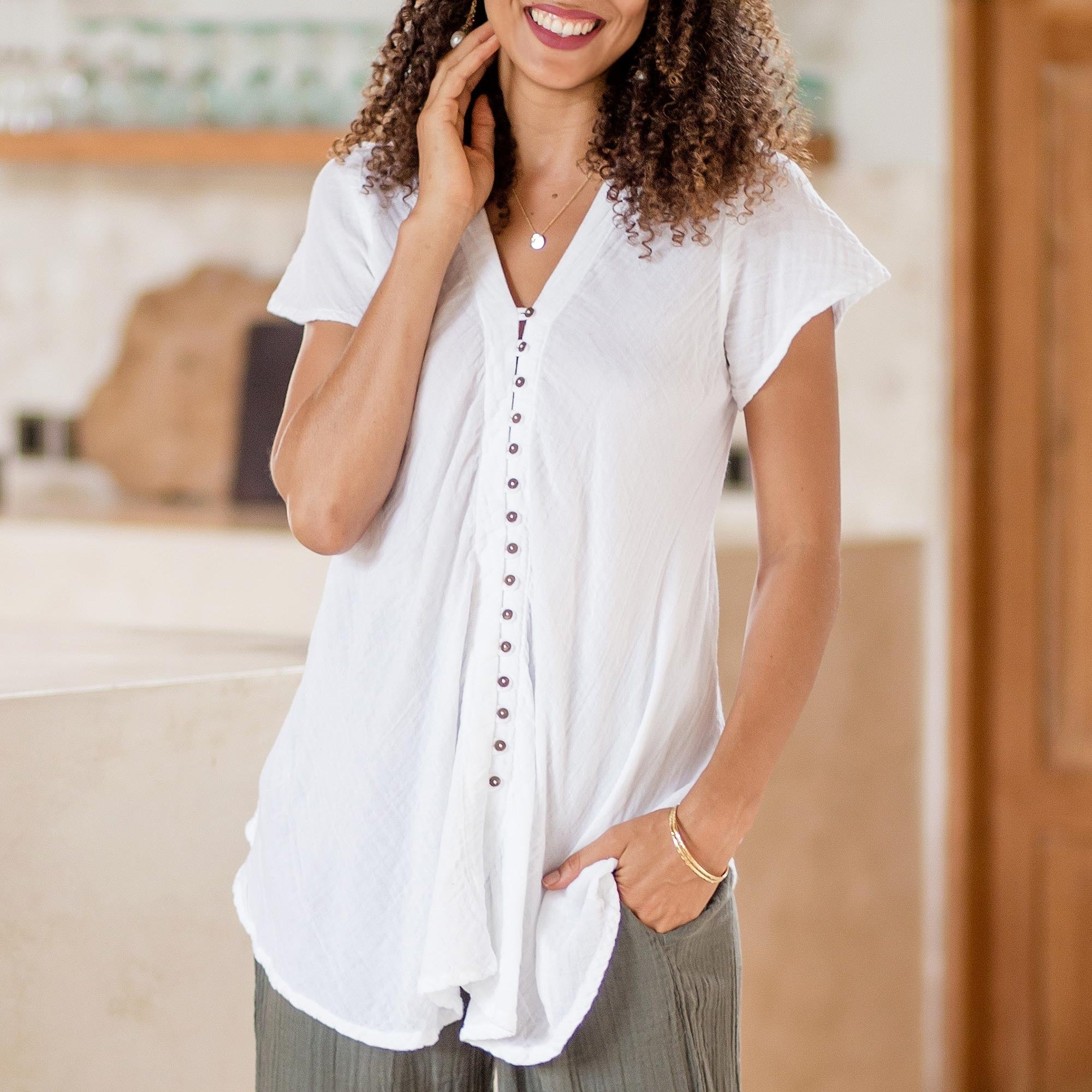 Buttoned Cotton Gauze Blouse with Short Sleeves - White Flair