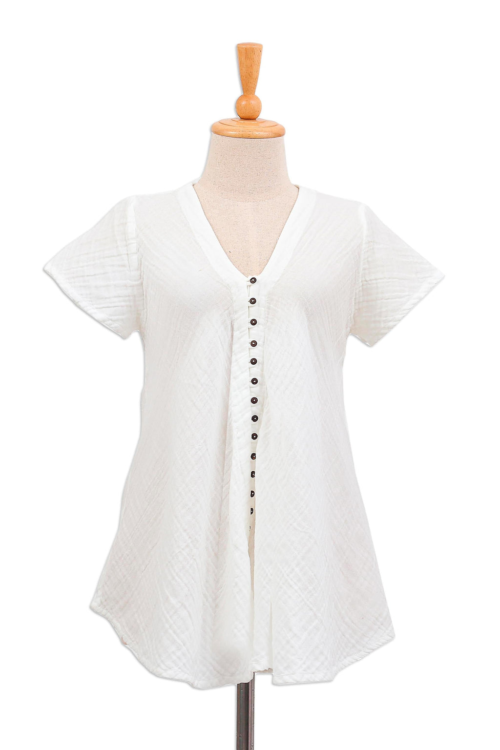 Buttoned Cotton Gauze Blouse with Short Sleeves - White Flair
