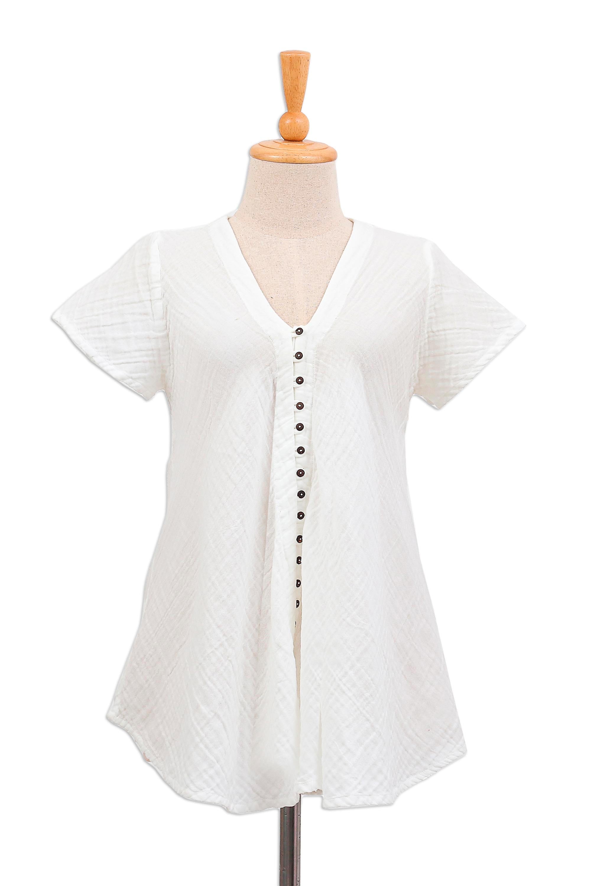 Buttoned Cotton Gauze Blouse with Short Sleeves - White Flair