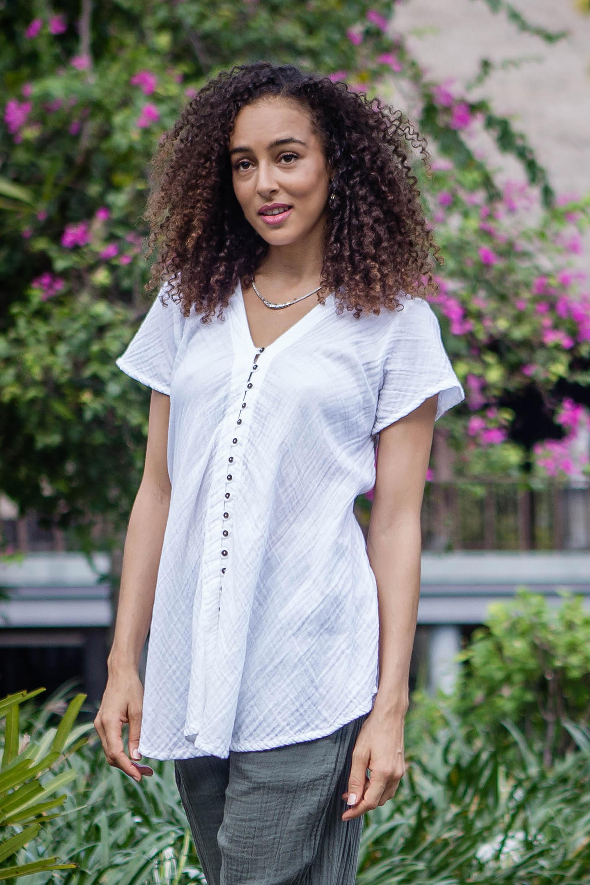 Buttoned Cotton Gauze Blouse with Short Sleeves - White Flair