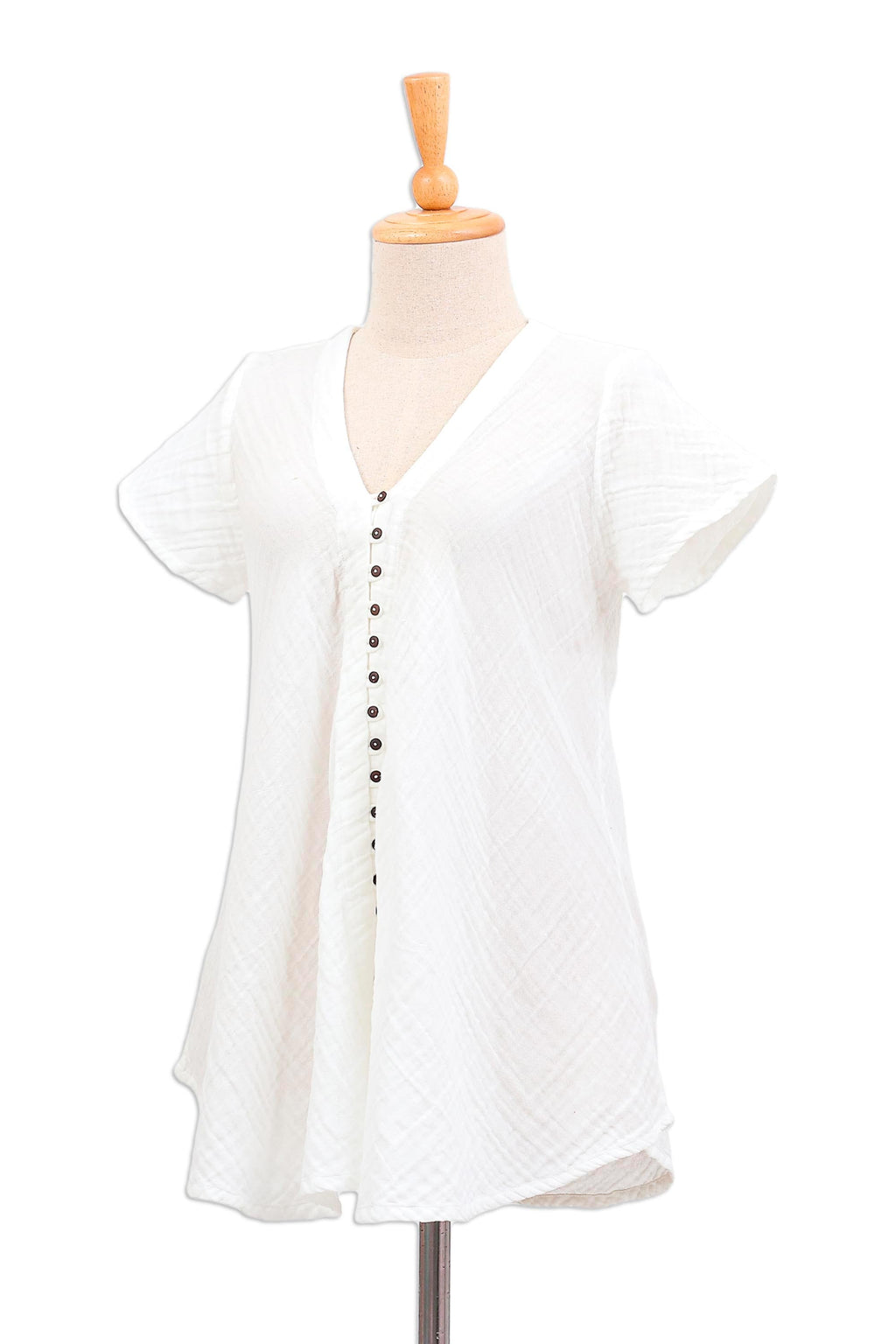 Buttoned Cotton Gauze Blouse with Short Sleeves - White Flair