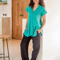 Cotton V-Neck Blouse with Coconut Shell Buttons - Sea Green Flair