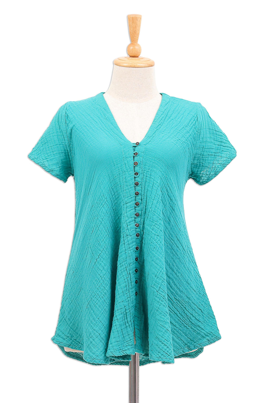 Cotton V-Neck Blouse with Coconut Shell Buttons - Sea Green Flair