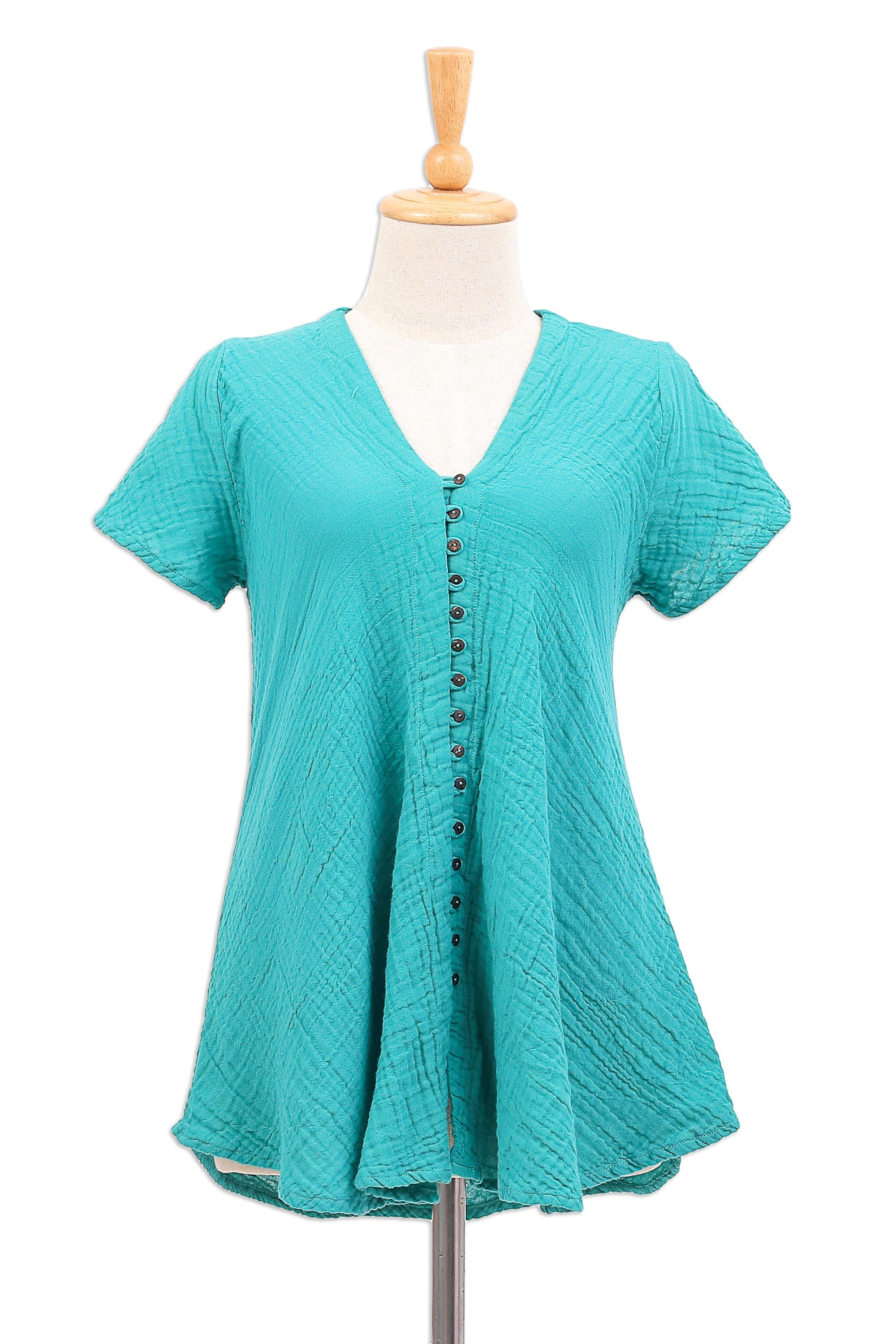 Cotton V-Neck Blouse with Coconut Shell Buttons - Sea Green Flair
