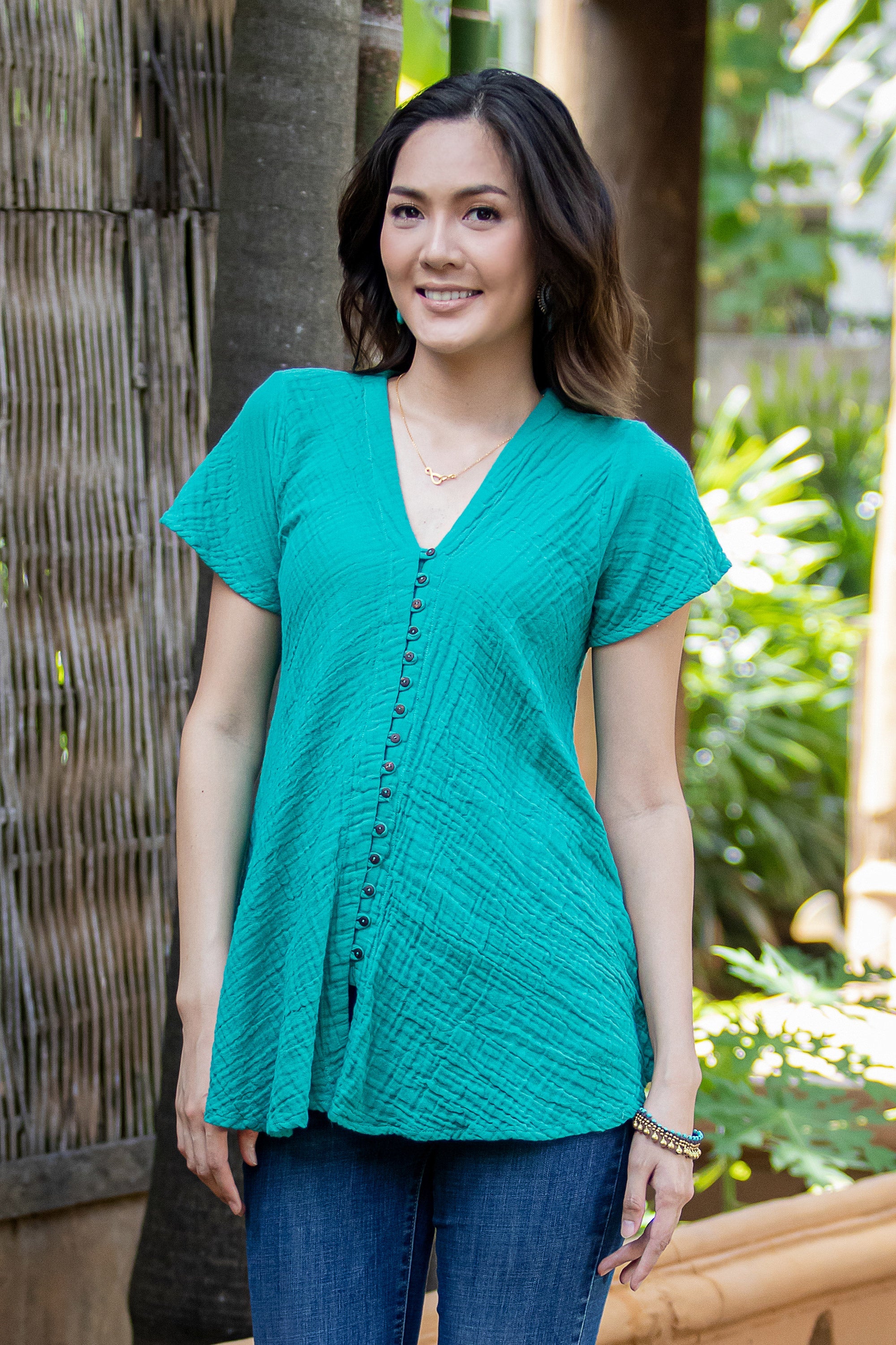 Cotton V-Neck Blouse with Coconut Shell Buttons - Sea Green Flair