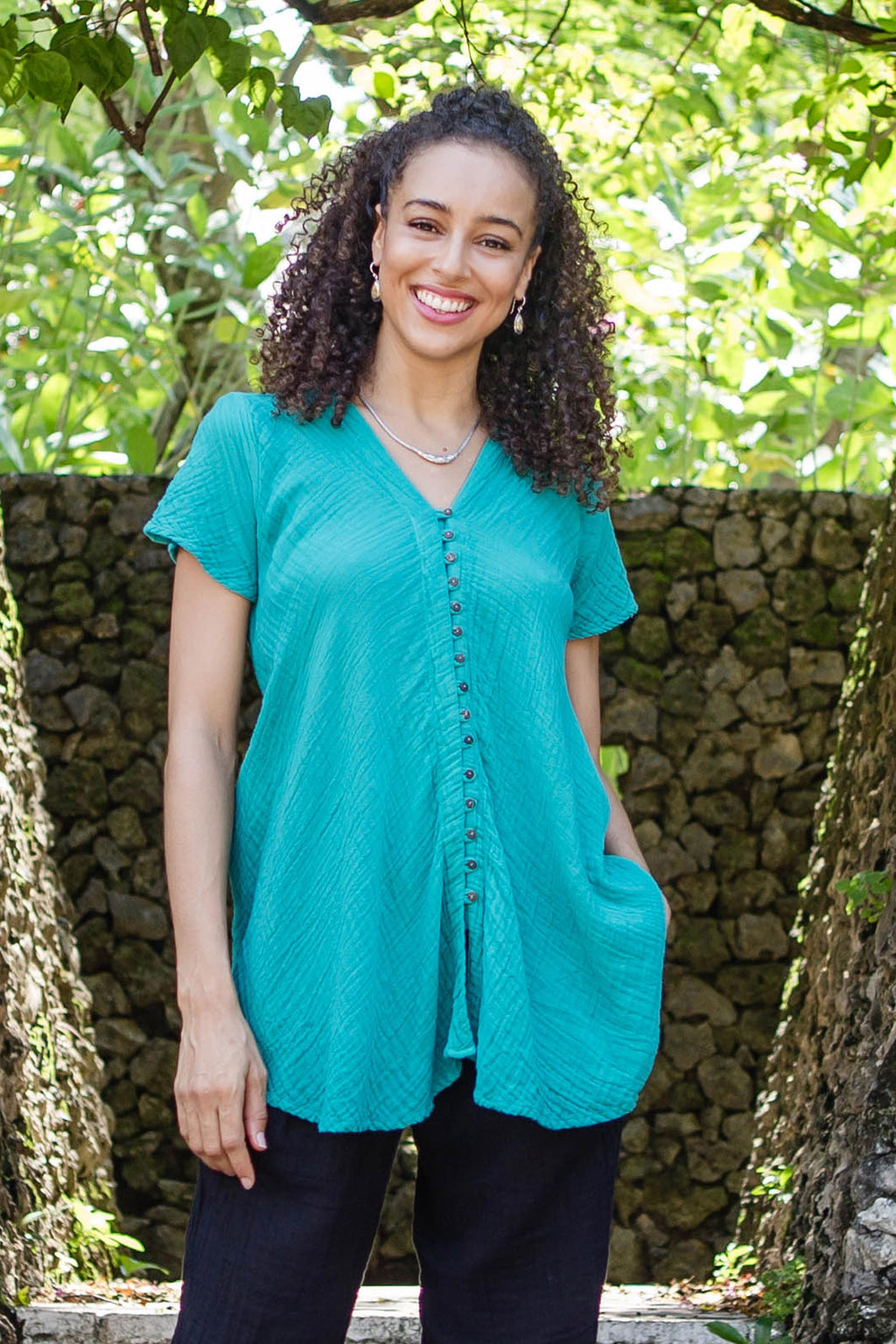 Cotton V-Neck Blouse with Coconut Shell Buttons - Sea Green Flair