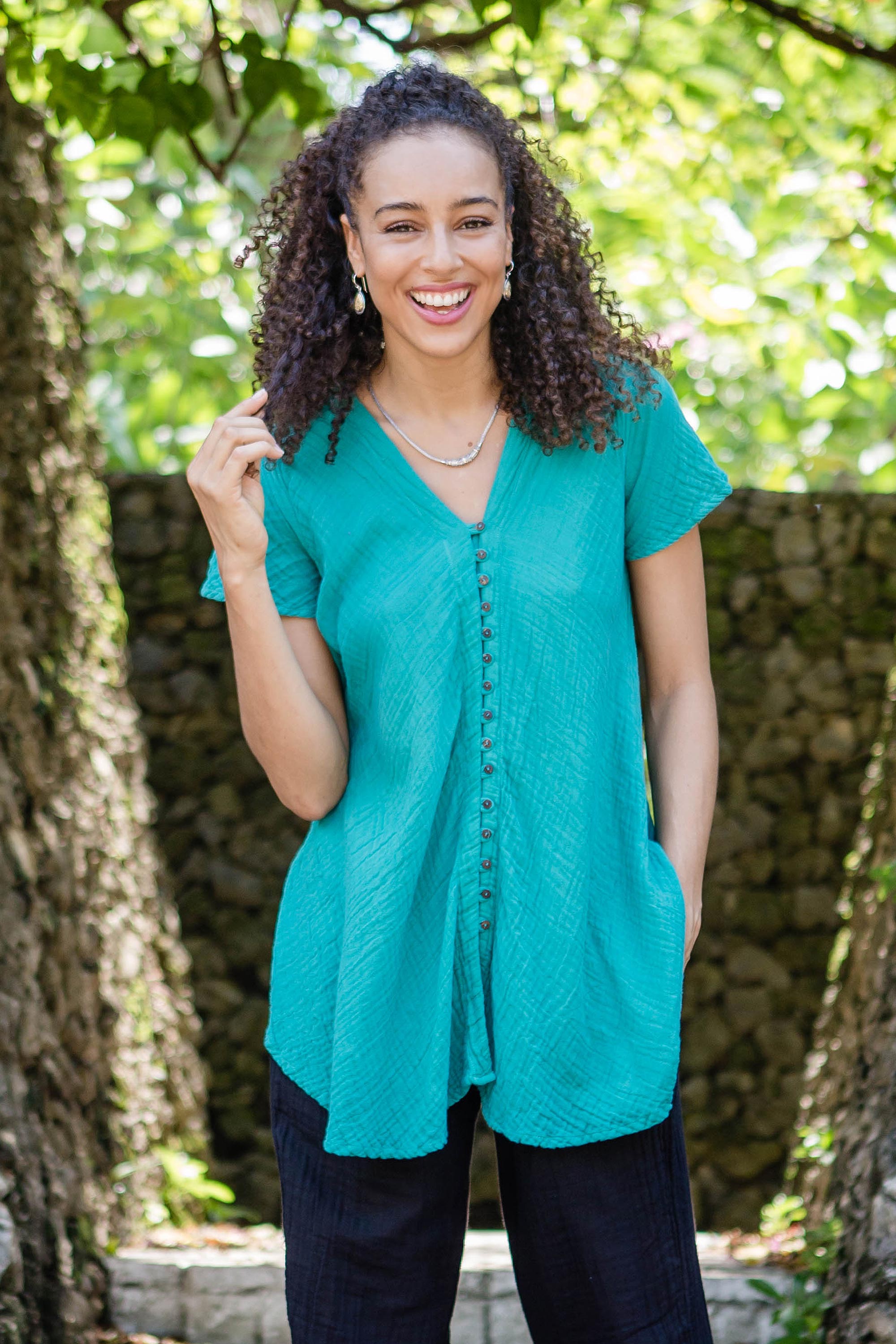 Cotton V-Neck Blouse with Coconut Shell Buttons - Sea Green Flair
