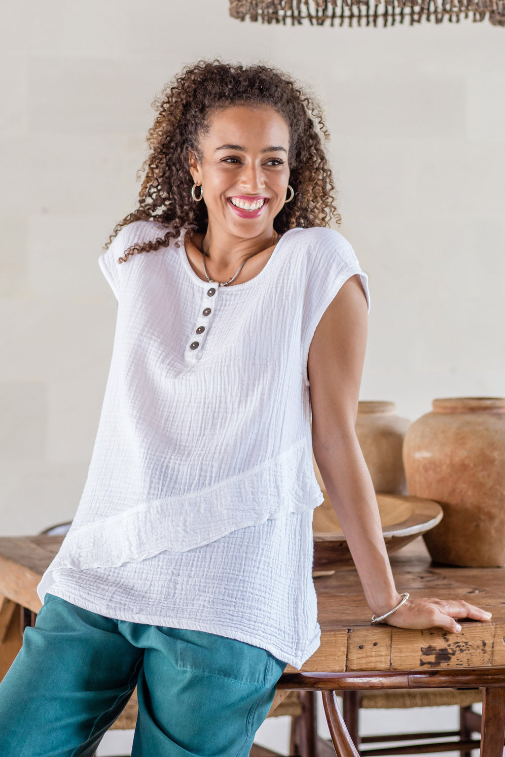 White Double Cotton Gauze Sleeveless Blouse - Fresh Air in White