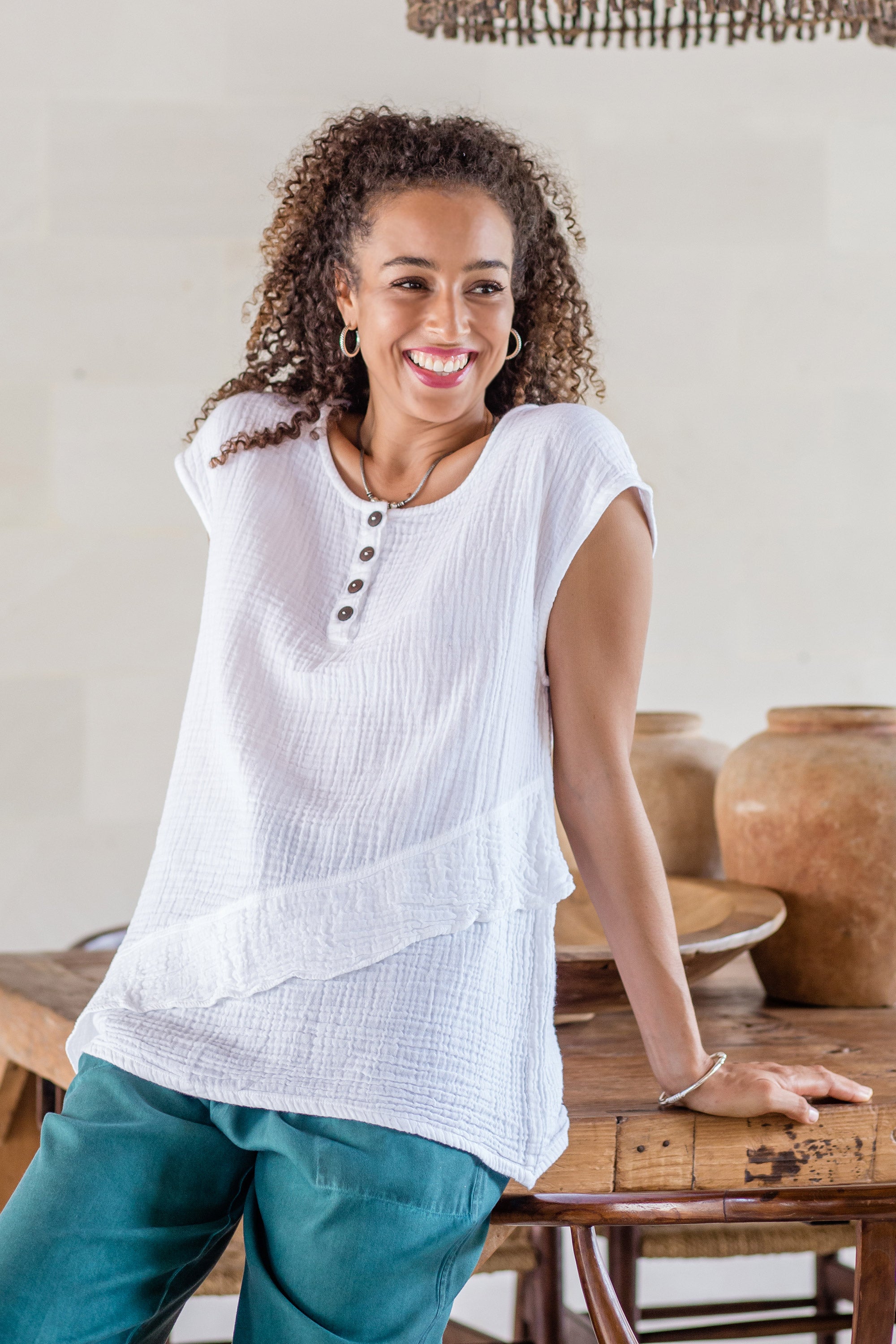 White Double Cotton Gauze Sleeveless Blouse - Fresh Air in White