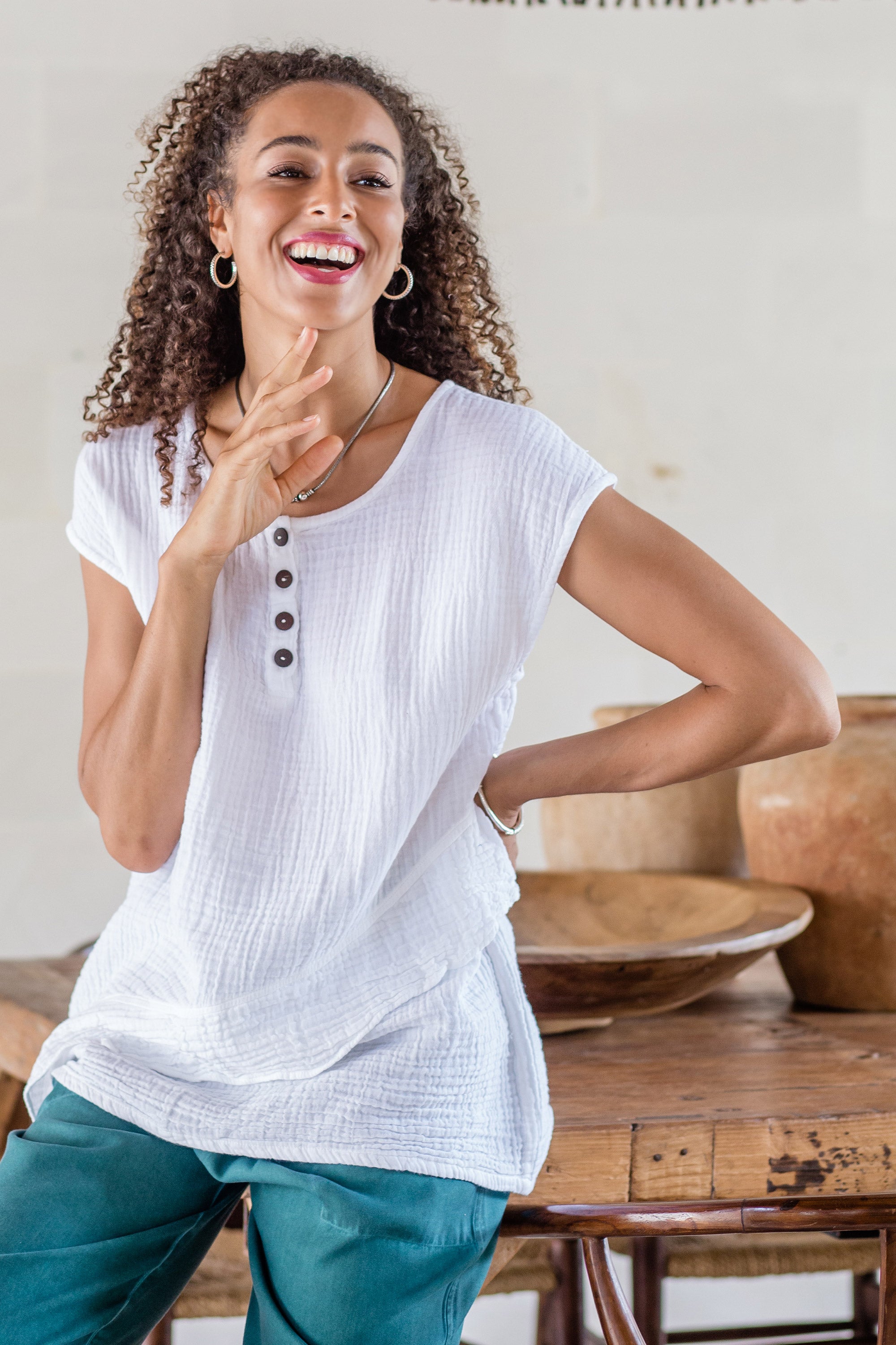 White Double Cotton Gauze Sleeveless Blouse - Fresh Air in White