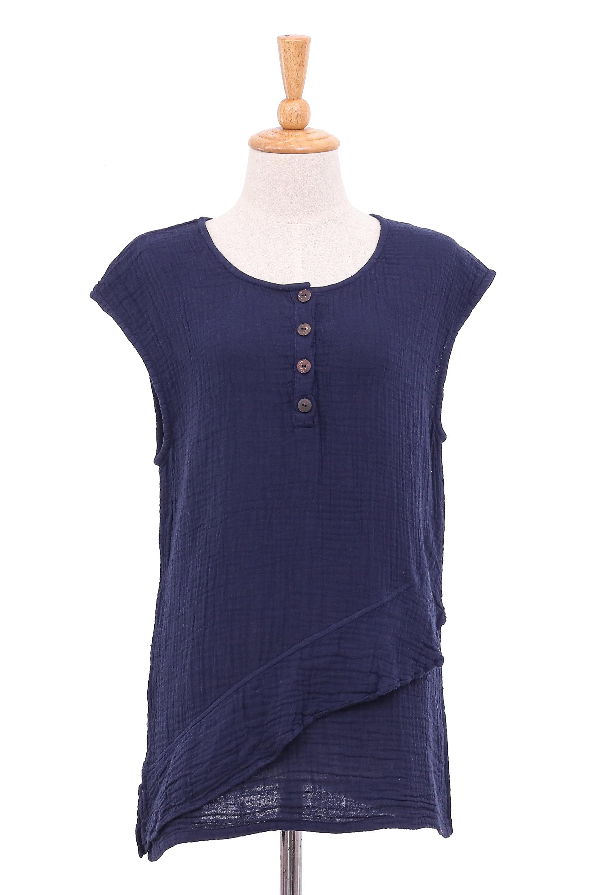 Double Cotton Gauze Sleeveless Blouse - Fresh Air in Navy