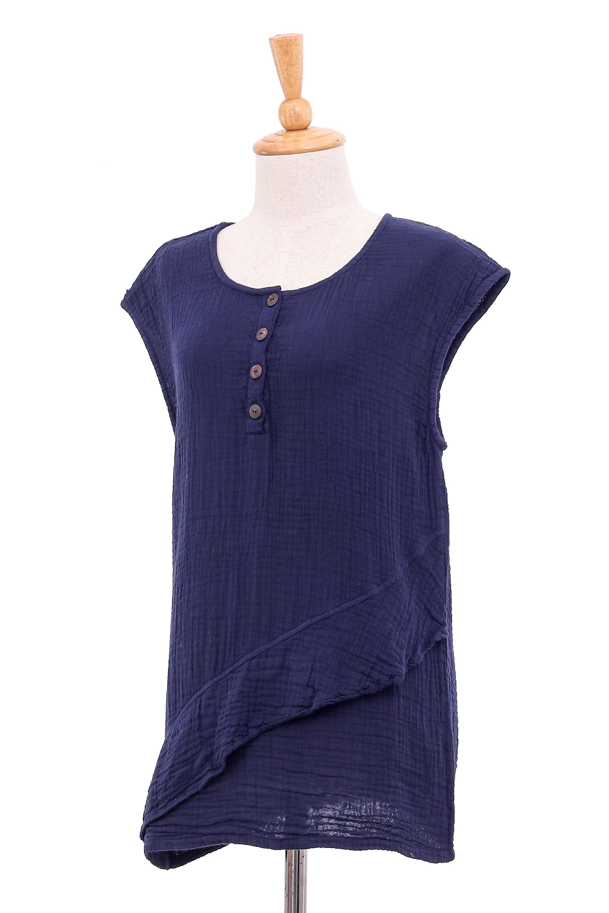 Double Cotton Gauze Sleeveless Blouse - Fresh Air in Navy