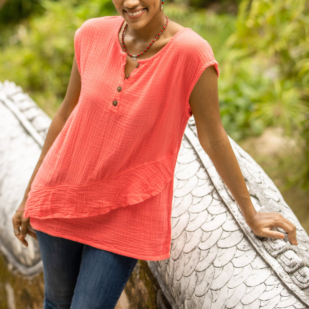 Cotton Sleeveless Blouse from Thailand - Fresh Air in Coral