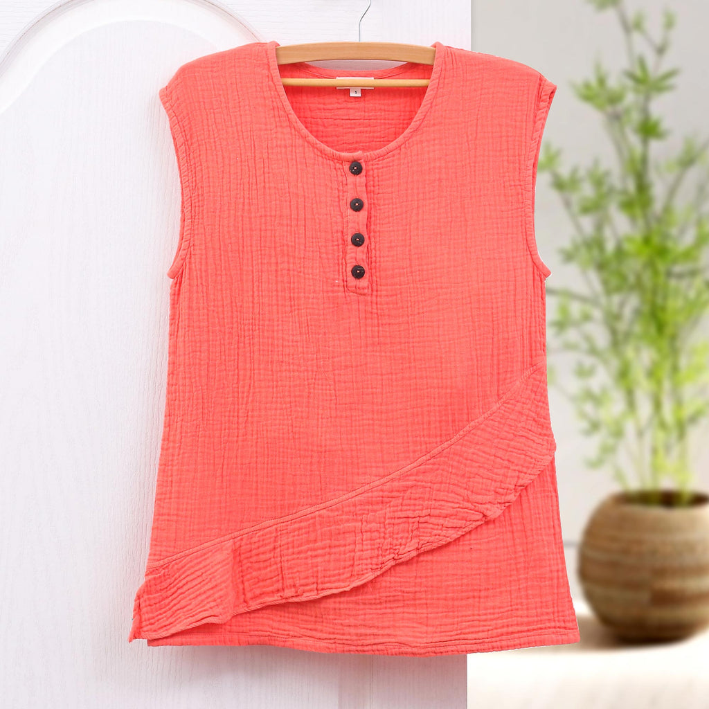 Cotton Sleeveless Blouse from Thailand - Fresh Air in Coral