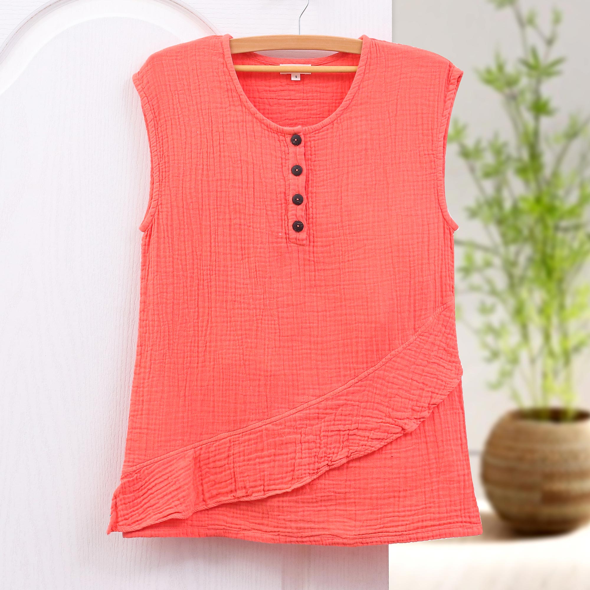 Cotton Sleeveless Blouse from Thailand - Fresh Air in Coral