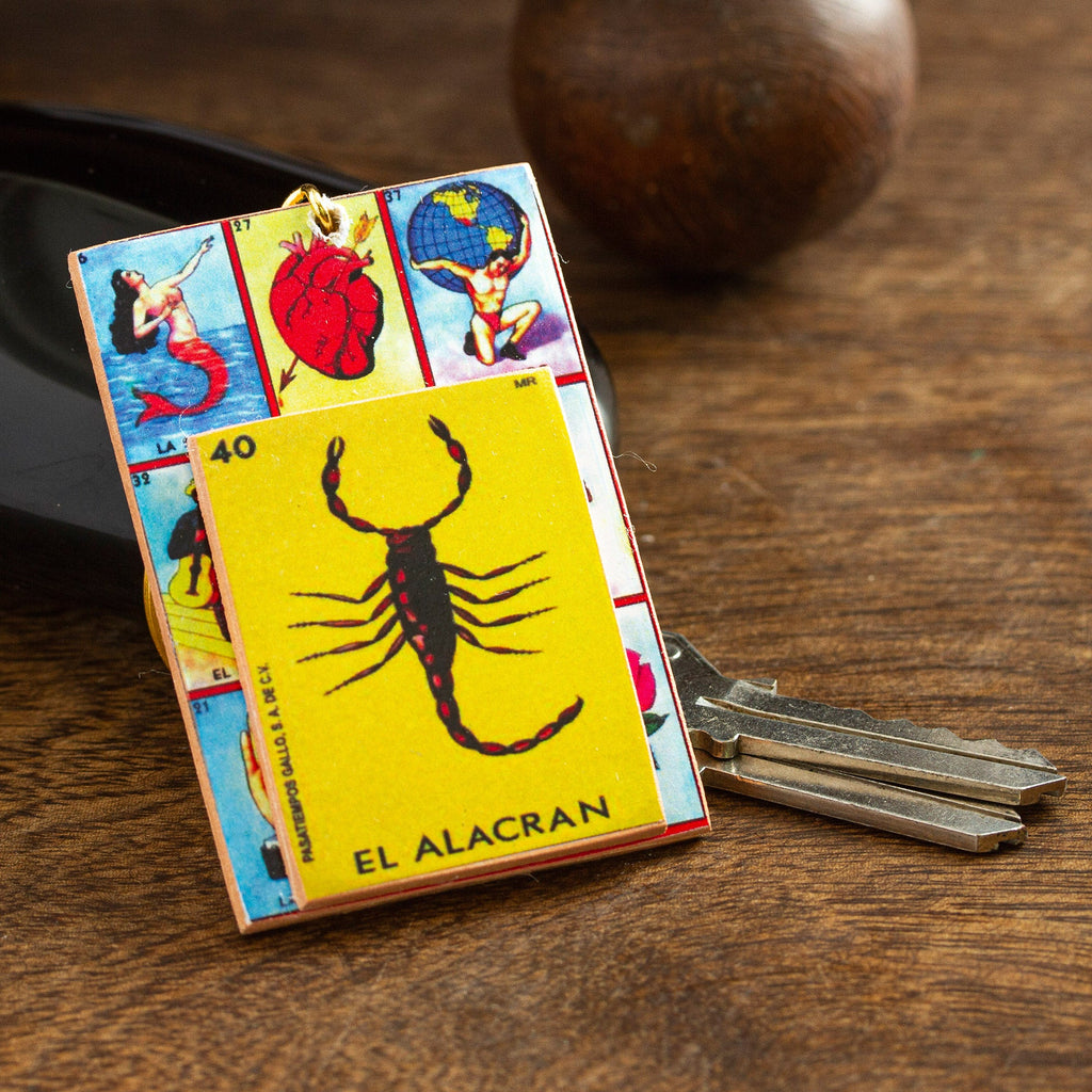 Decoupage Wooden Keychain With Mexican Loteria Game Motif - The Scorpion