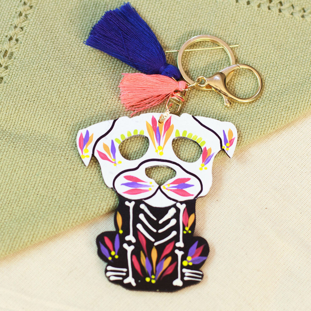 Hand-Painted Wood Day of the Dead Dog Keychain and Bag Charm - Day of the Dead Dog